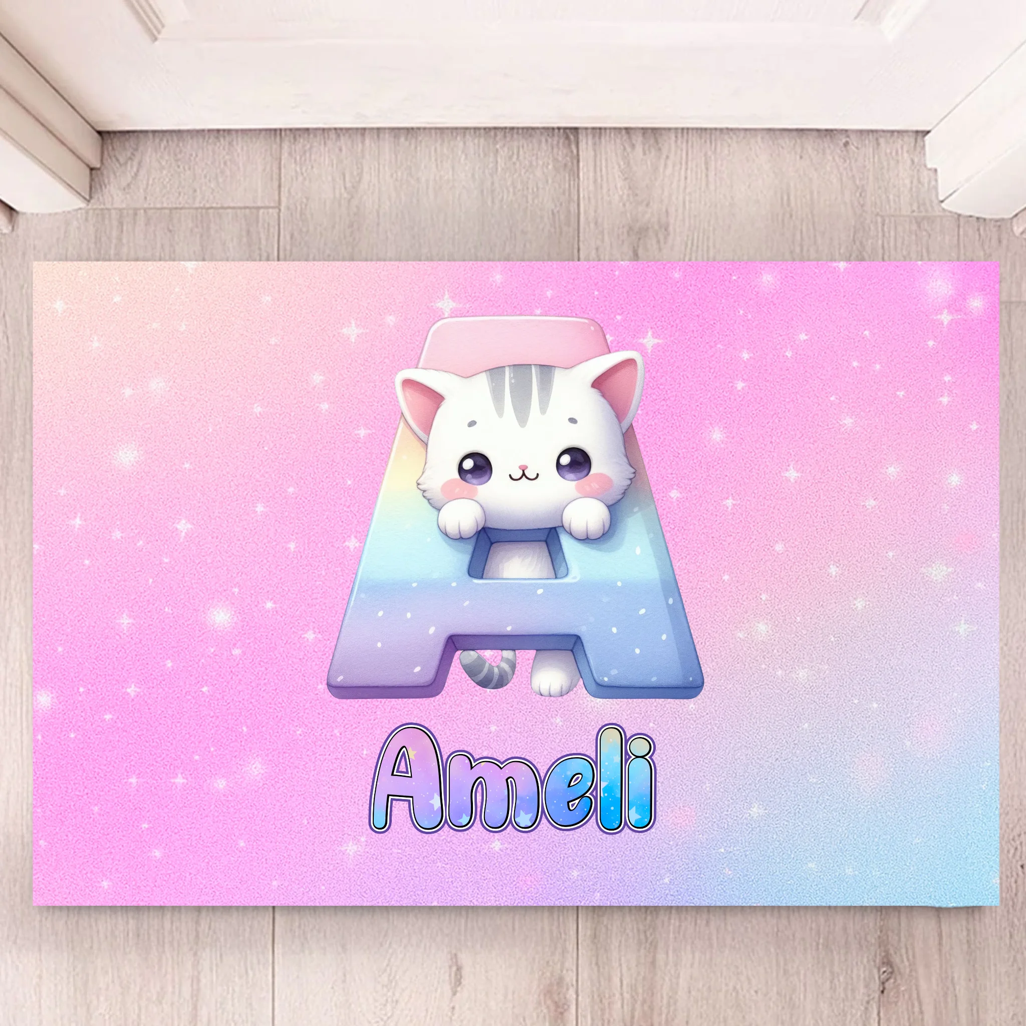 Custom Cat Doormat - Personalized Initial Name Entry Rug - Gift for Kids Boys Girls Bedroom