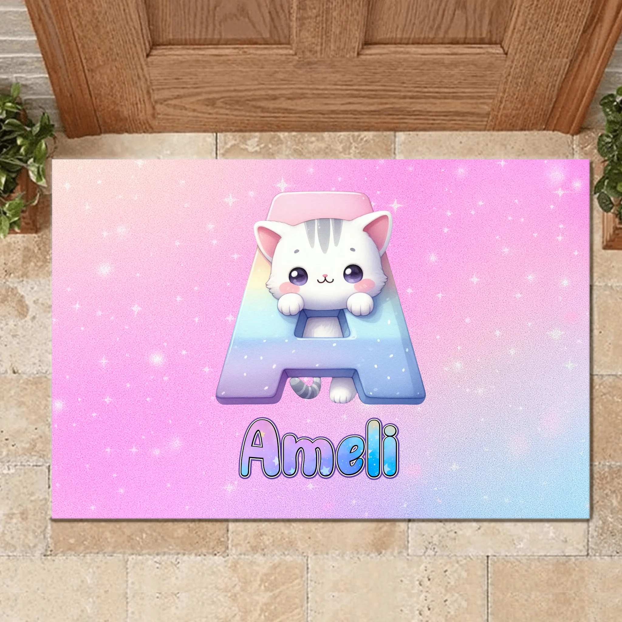 Custom Cat Doormat - Personalized Initial Name Entry Rug - Gift for Kids Boys Girls Bedroom