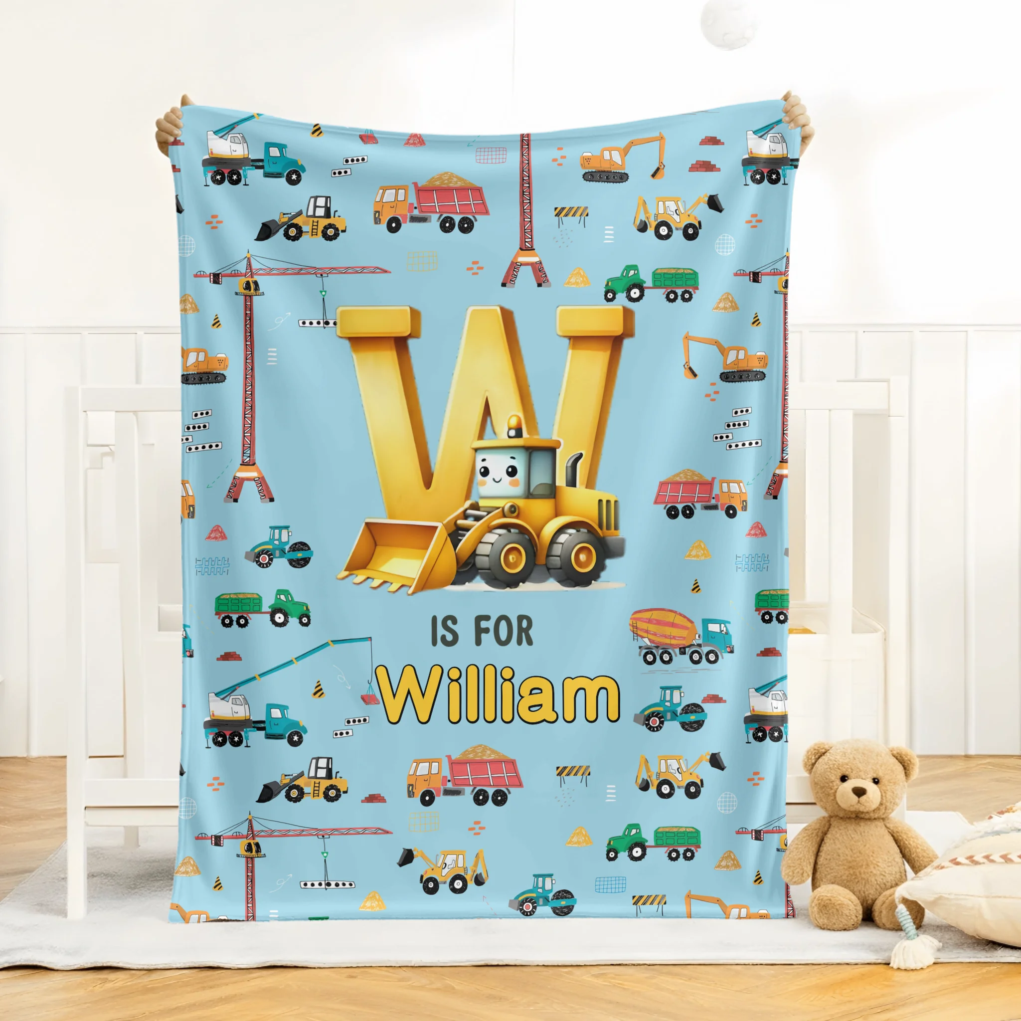 Custom Truck Initial Blanket - Personalized Construction Letter Throw with Name - Baby Shower Birthday Gift