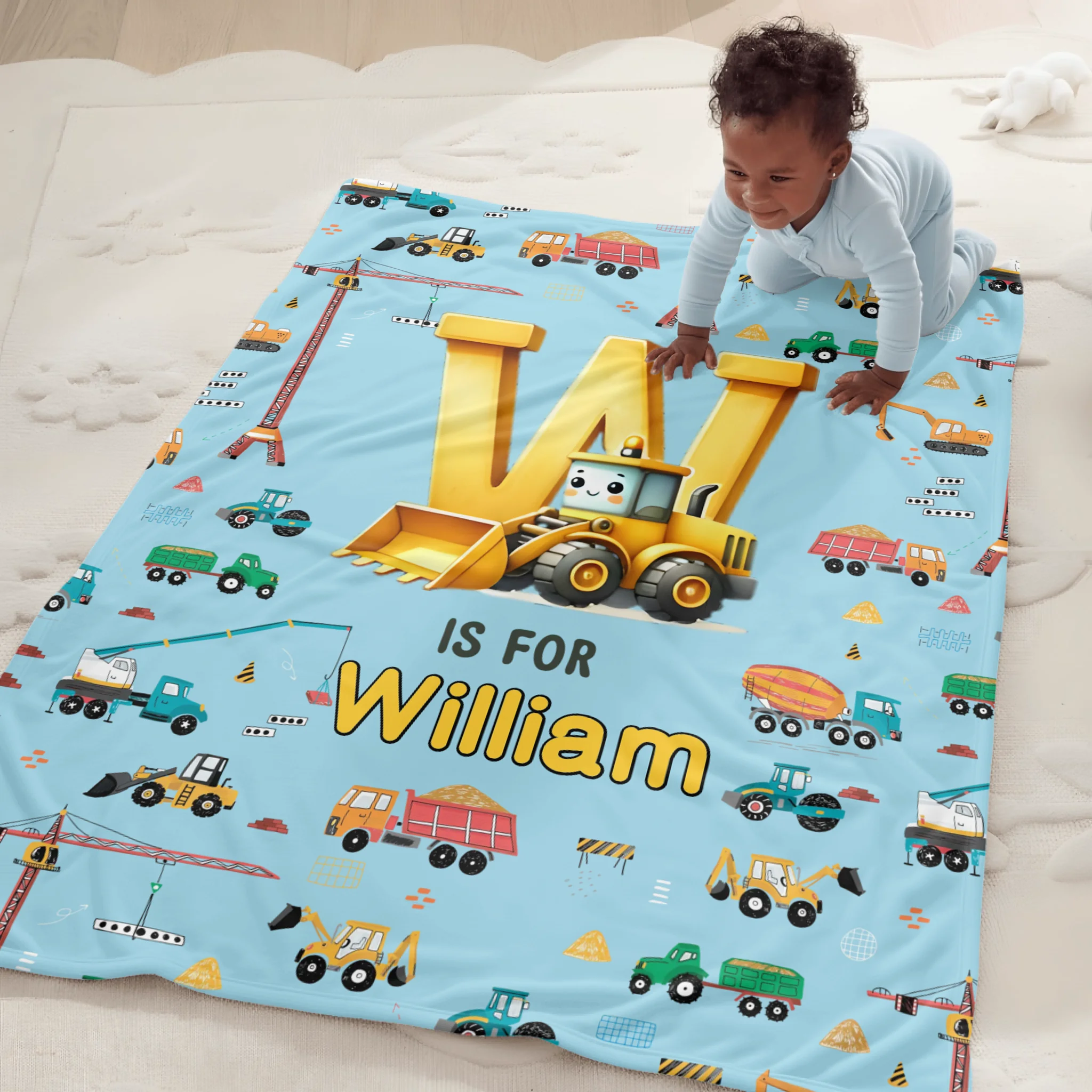 Custom Truck Initial Blanket - Personalized Construction Letter Throw with Name - Baby Shower Birthday Gift