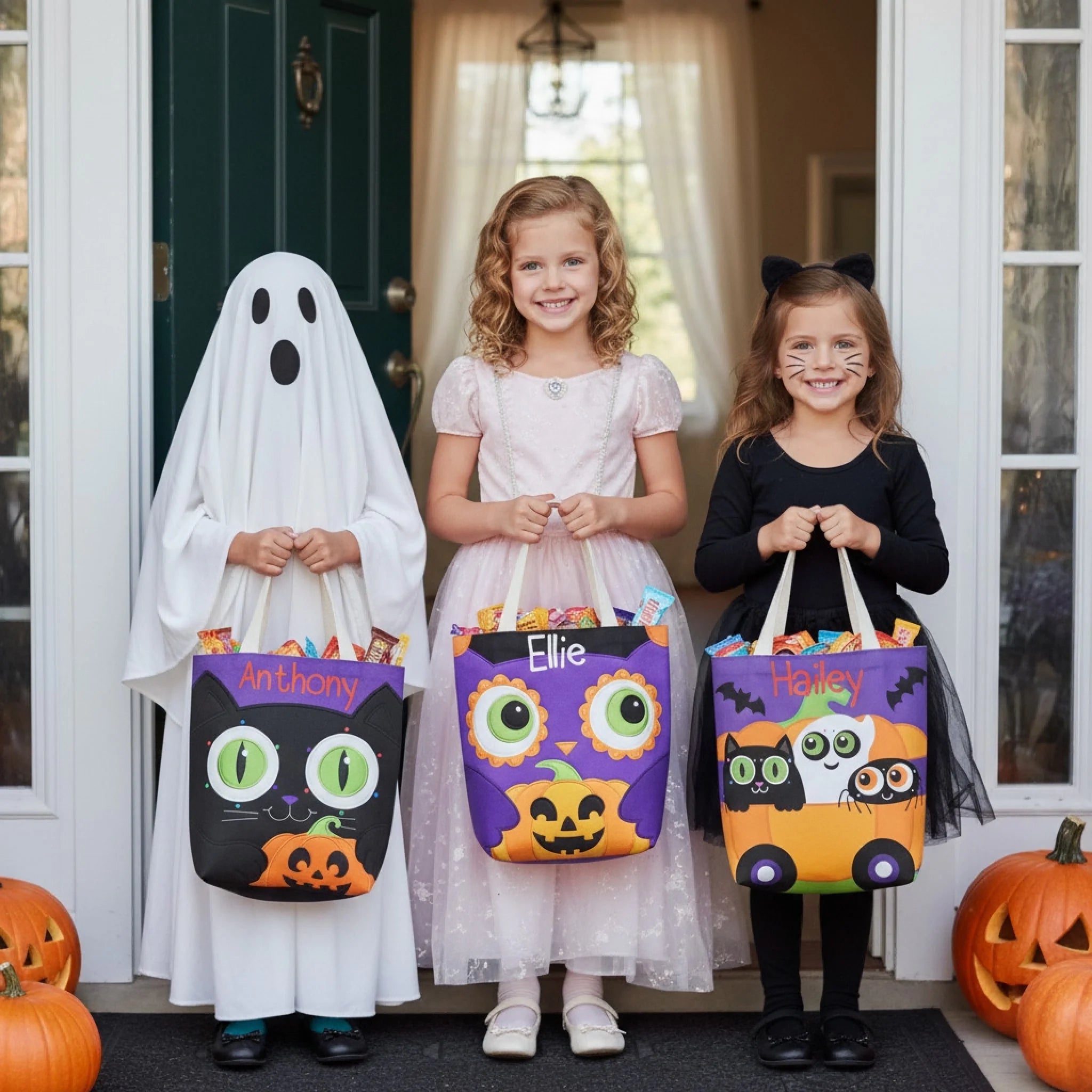Custom Halloween Canvas Tote Bag - Personalized Name Pumpkin Witch Cat Bag - Gift for Kids Girls Boys