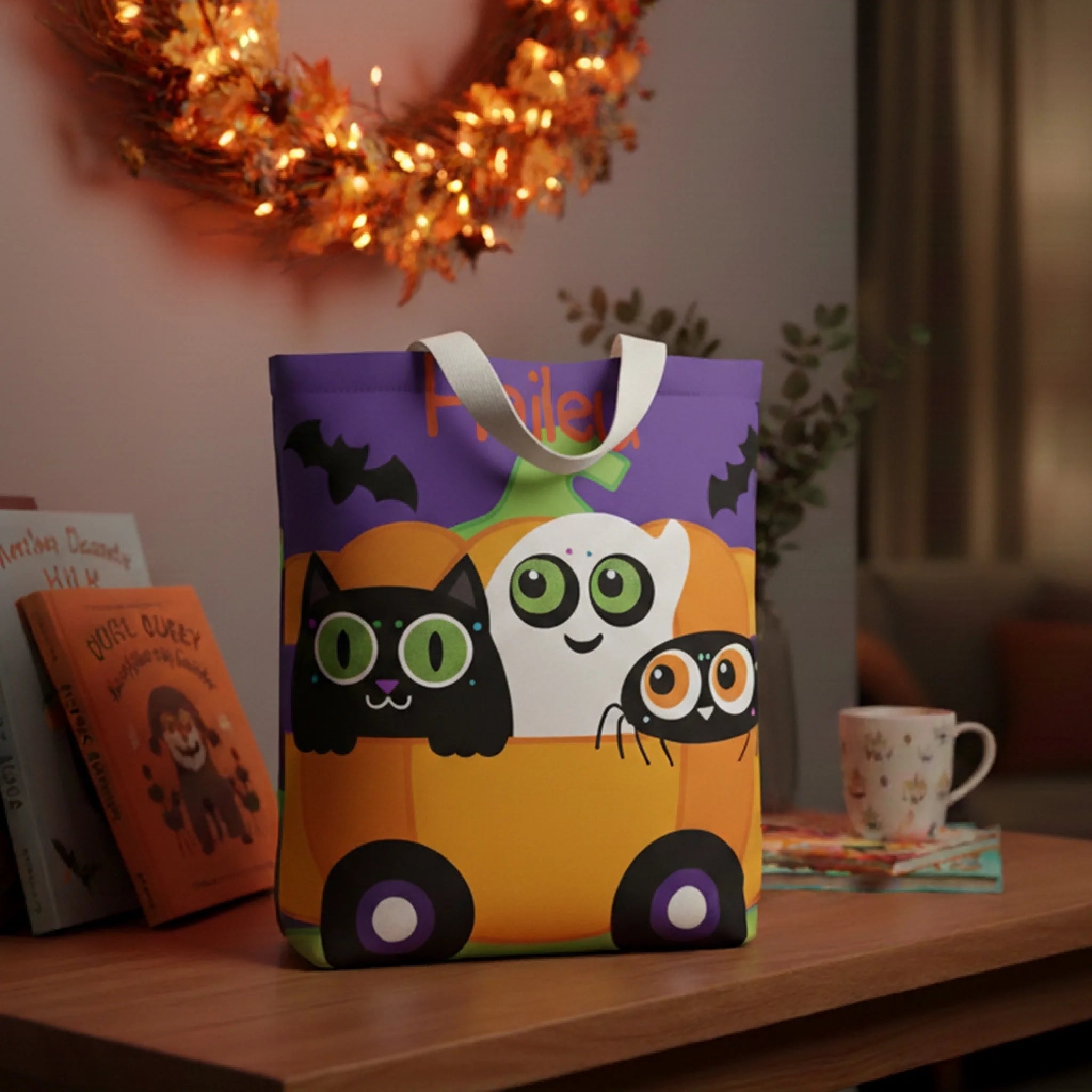 Custom Halloween Canvas Tote Bag - Personalized Name Pumpkin Witch Cat Bag - Gift for Kids Girls Boys