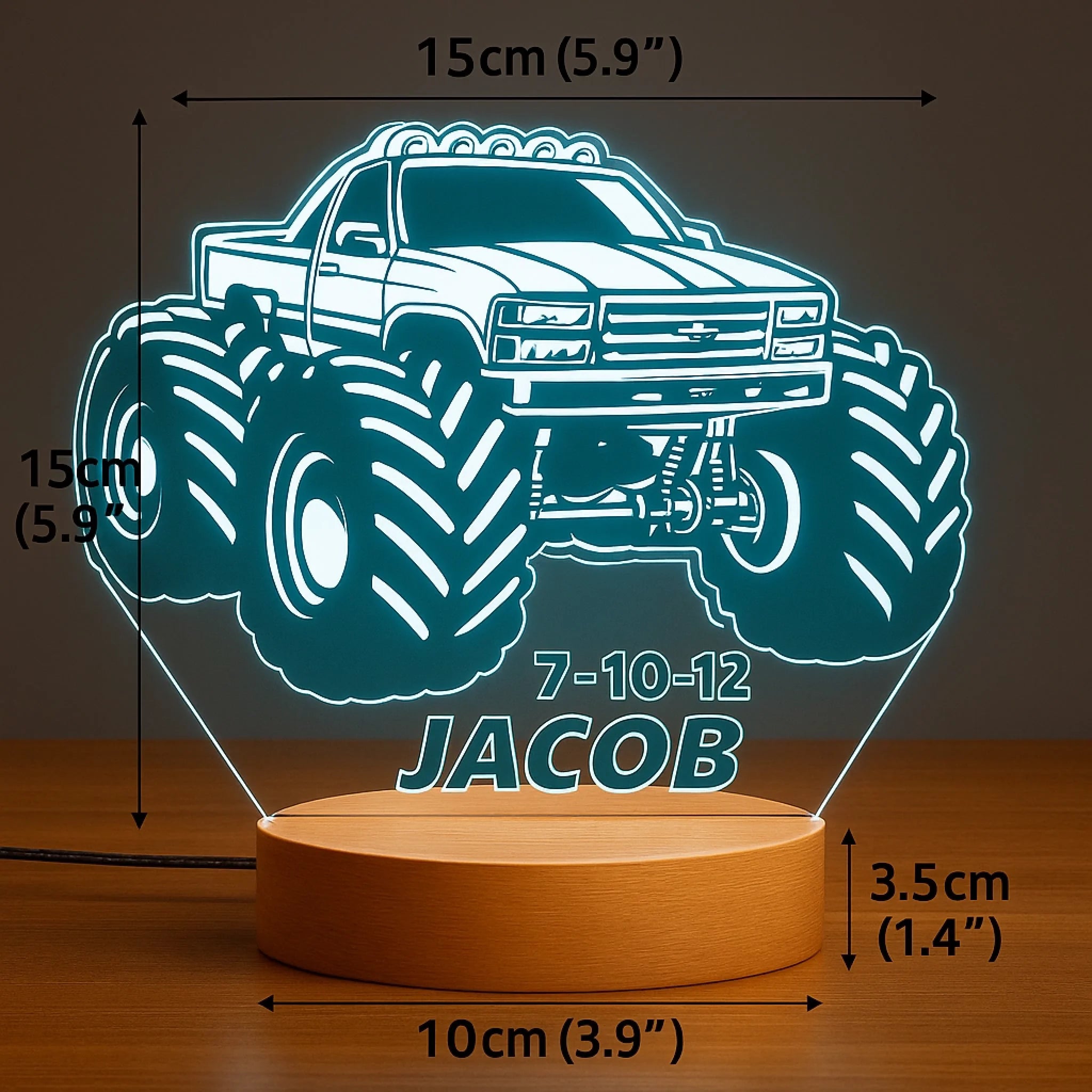 Custom Monster Truck Night Light - Personalized 7-Color Acrylic LED Light - Gift for Kids Boys Girls Monster Truck Fans