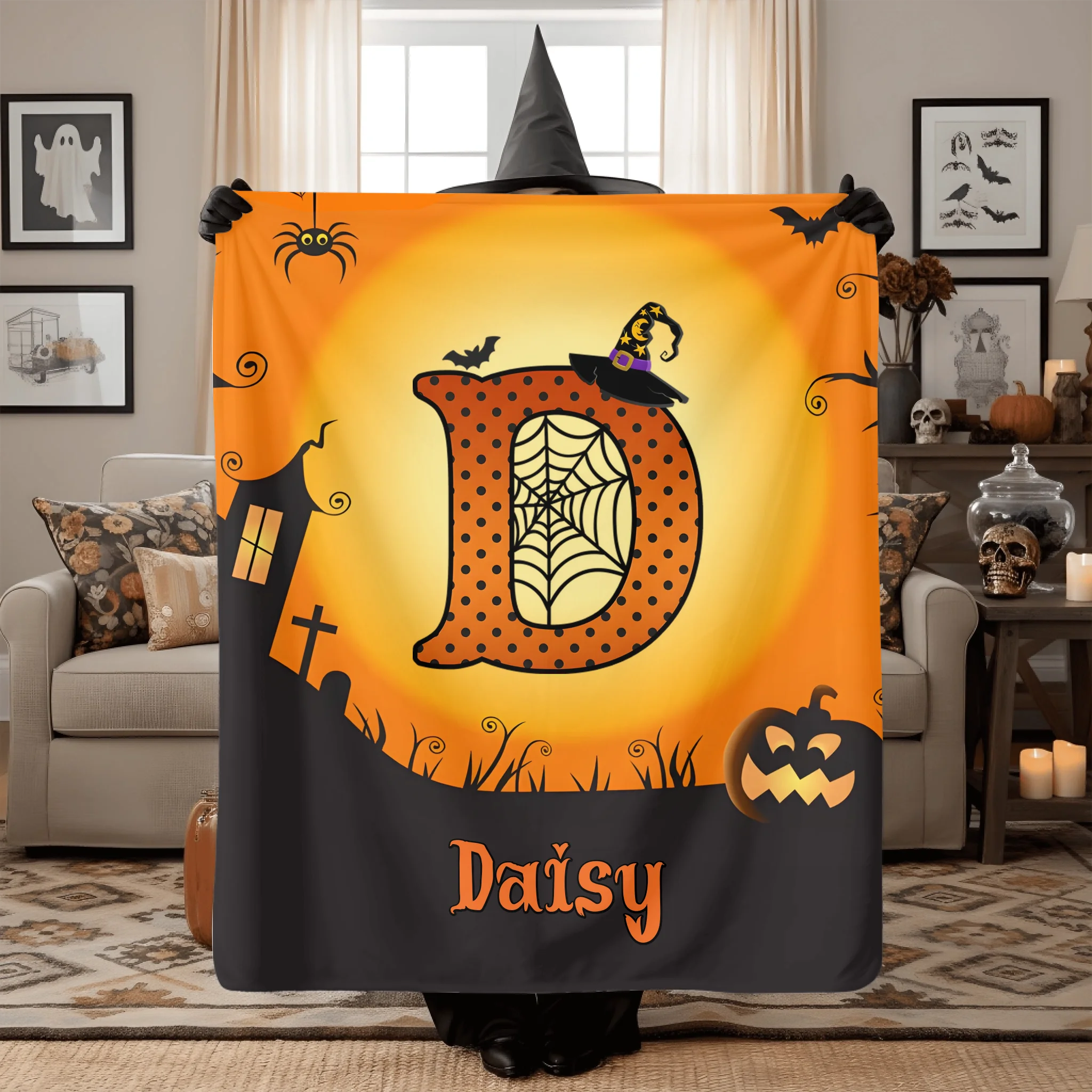 Custom Halloween Blanket – Personalized Spooky Throw Blanket with Initial & Name – Gift for Kids, Girls & Boys