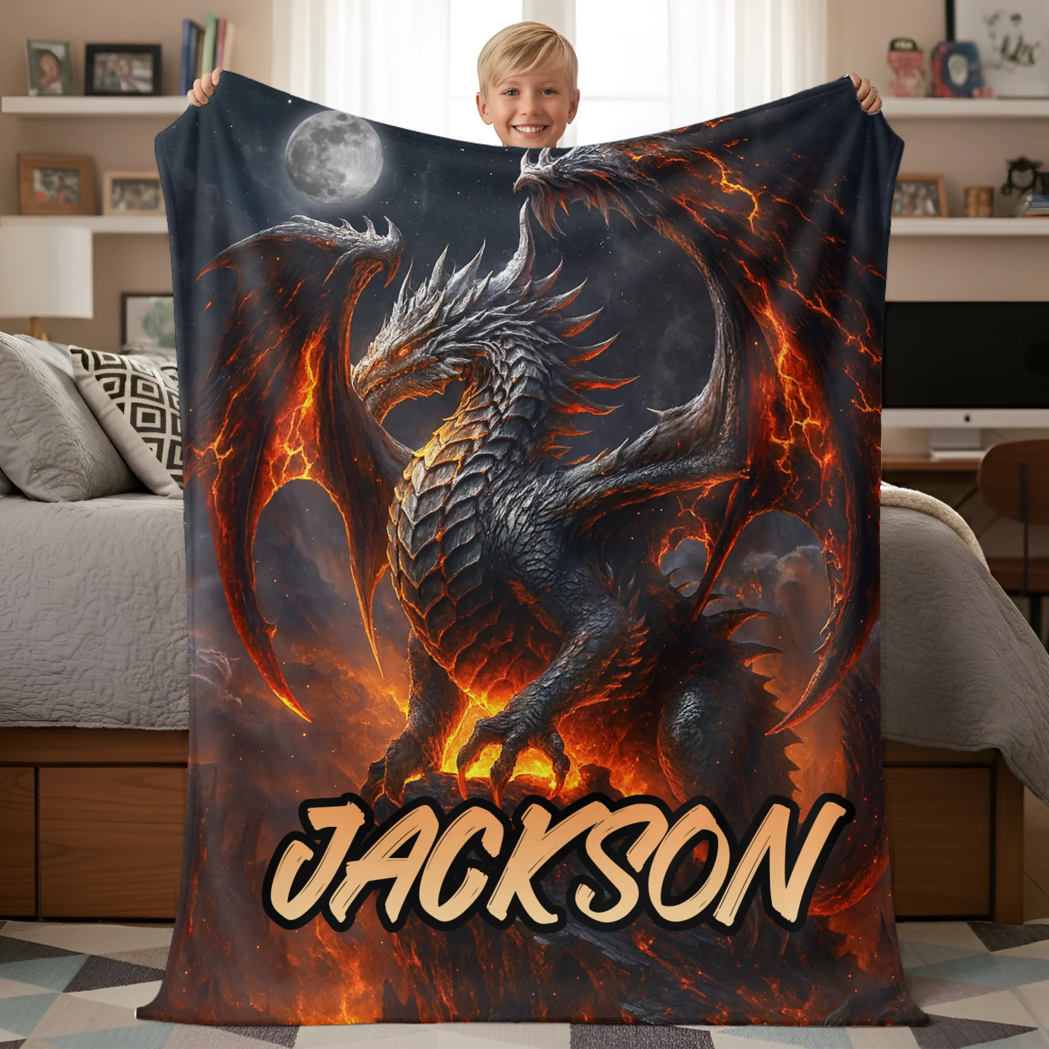 Flame Dragon Custom Blanket - Personalized Name Soft Flannel Blanket - Gift for Dragon Enthusiasts
