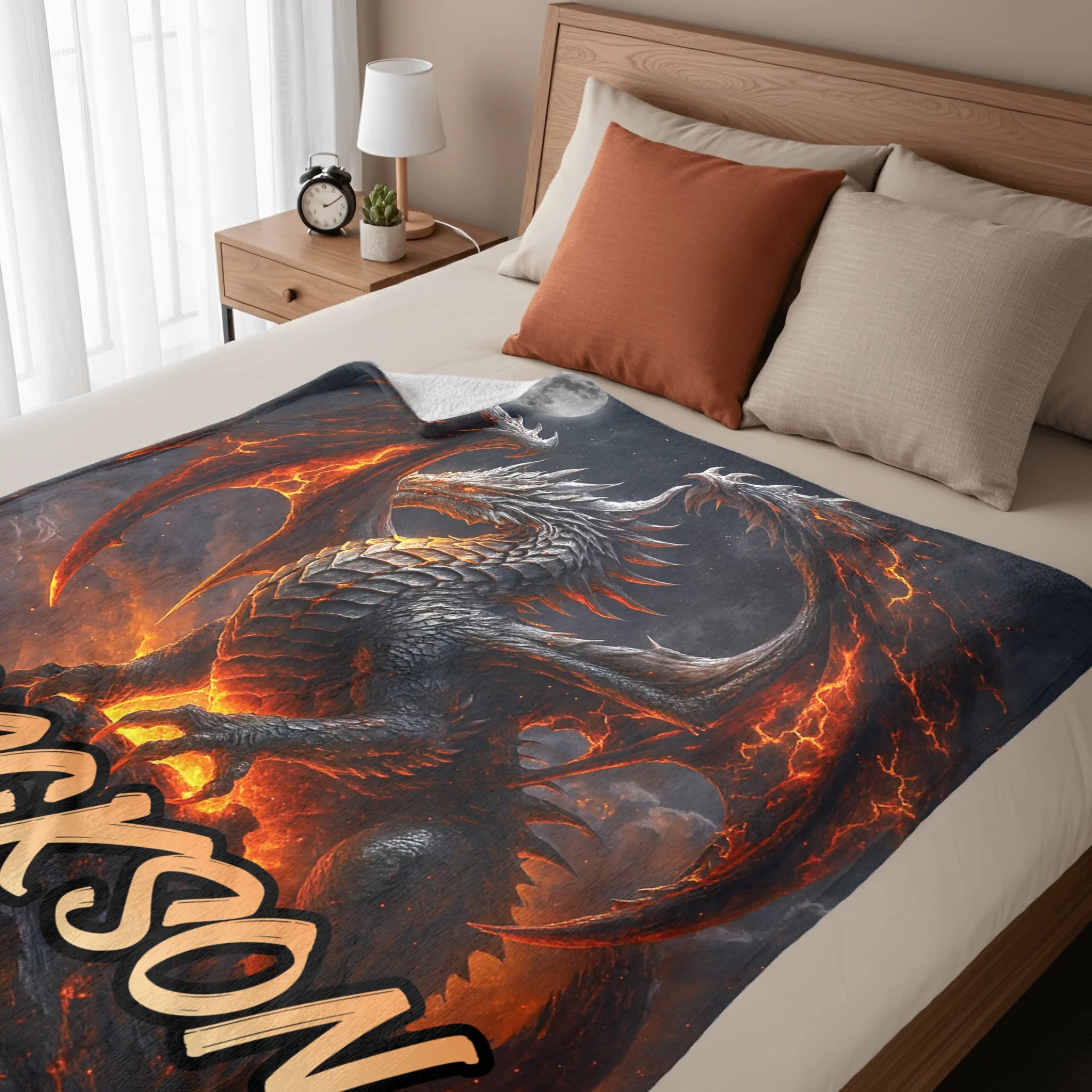 Flame Dragon Custom Blanket - Personalized Name Soft Flannel Blanket - Gift for Dragon Enthusiasts