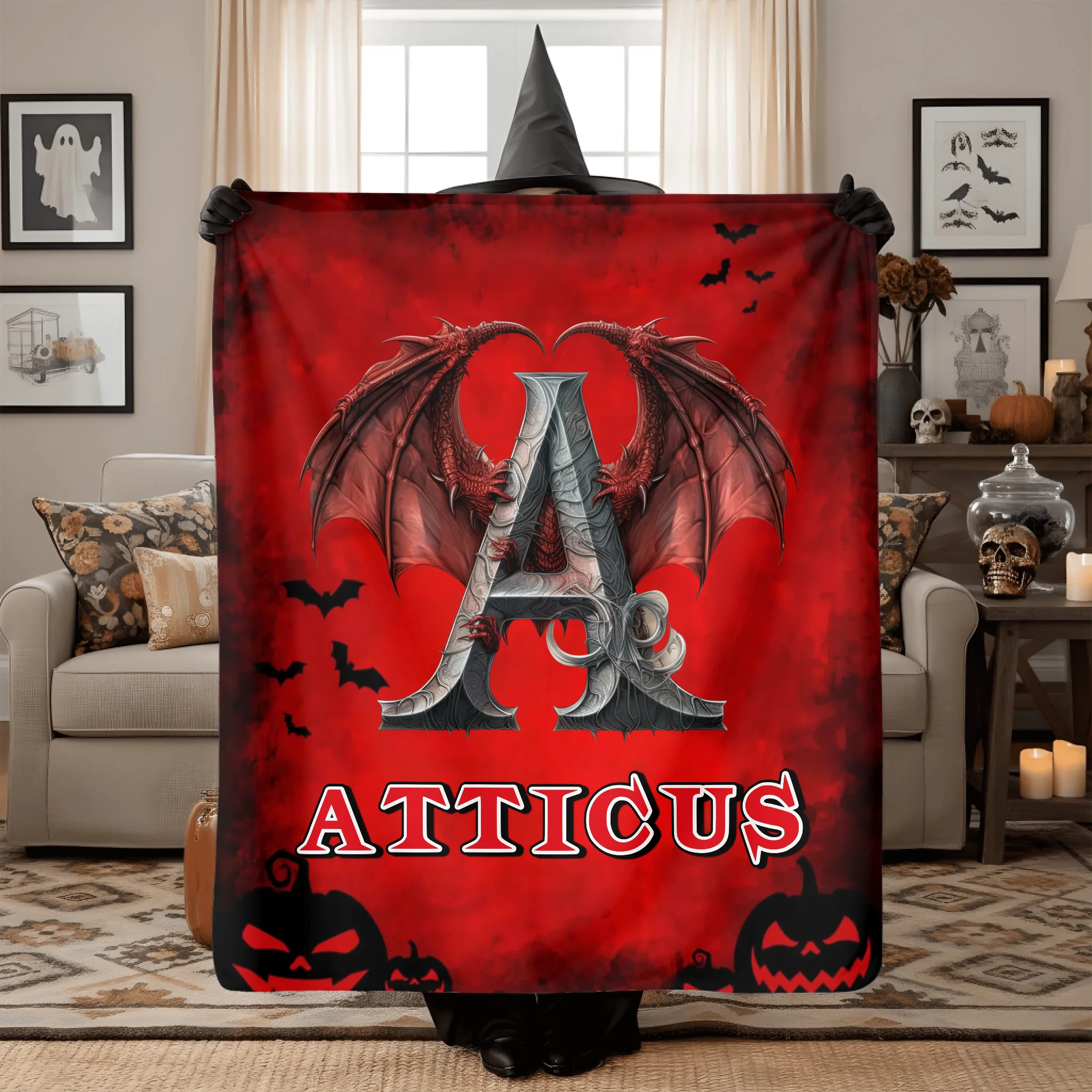 Custom Dragon Letter Blanket – Personalized Halloween Throw with Initial & Name – Gift for Boys & Girls