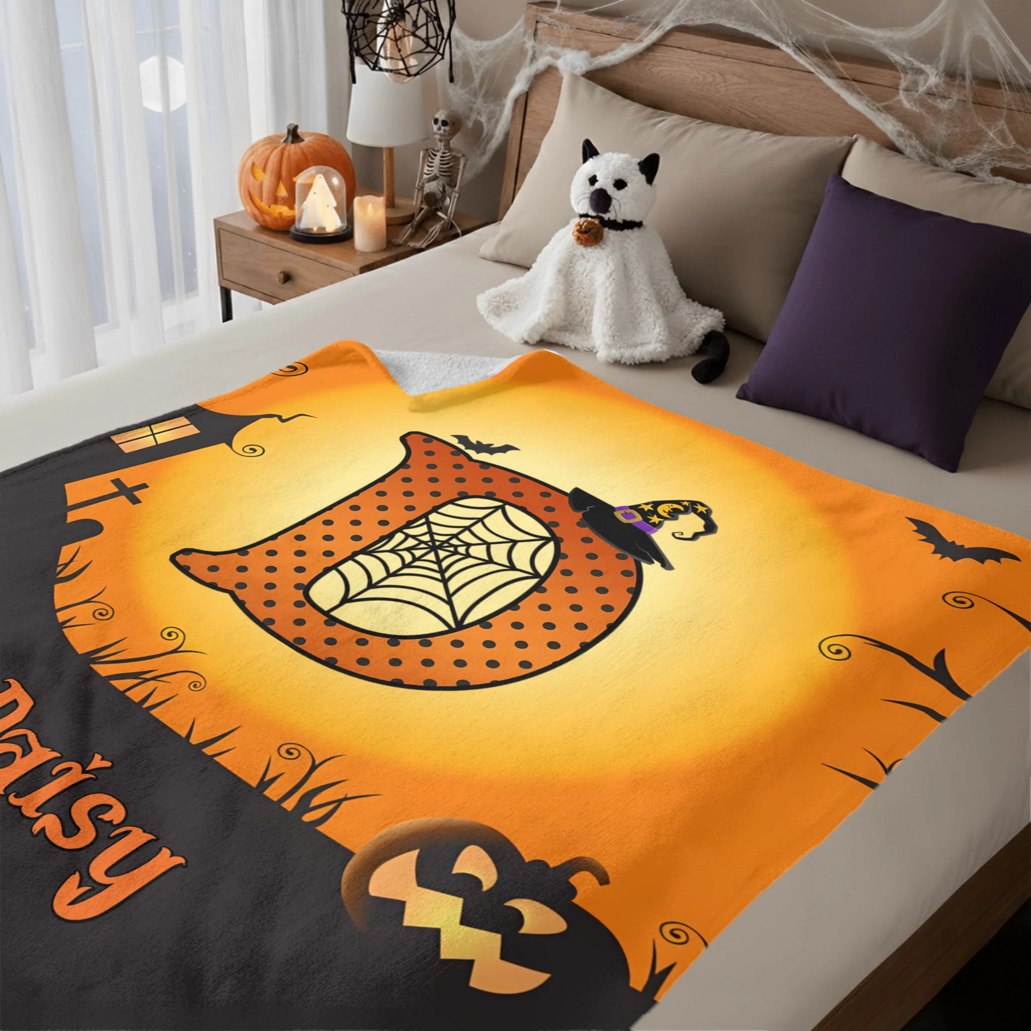 Custom Halloween Blanket – Personalized Spooky Throw Blanket with Initial & Name – Gift for Kids, Girls & Boys