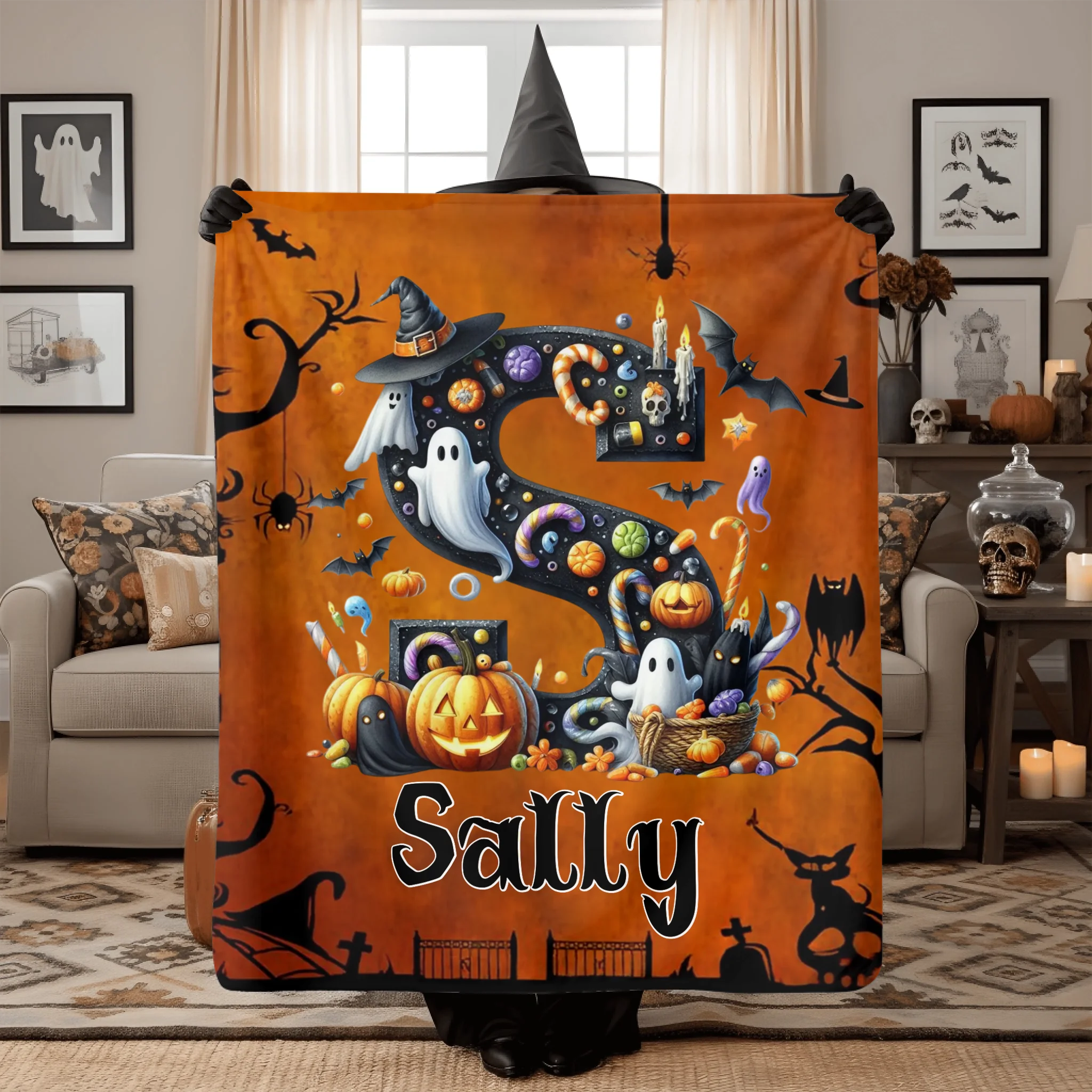 Custom Halloween Letter Blanket - Personalized Initial Name Throw Blanket - Gift for Kids & Families
