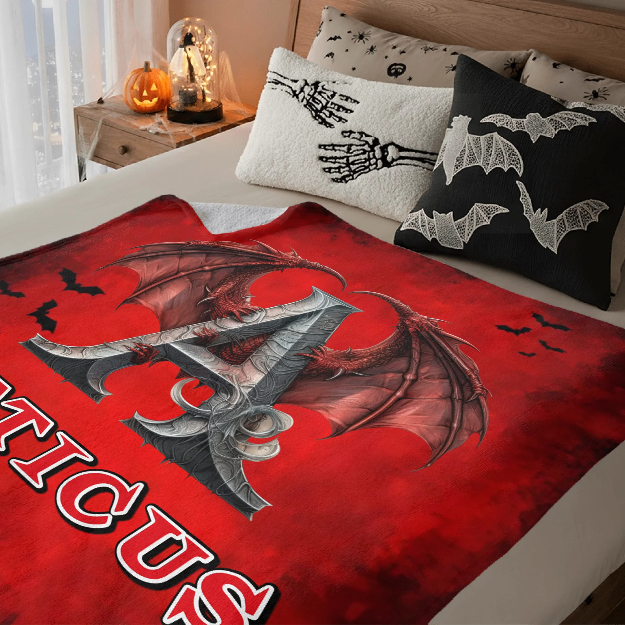 Custom Dragon Letter Blanket – Personalized Halloween Throw with Initial & Name – Gift for Boys & Girls