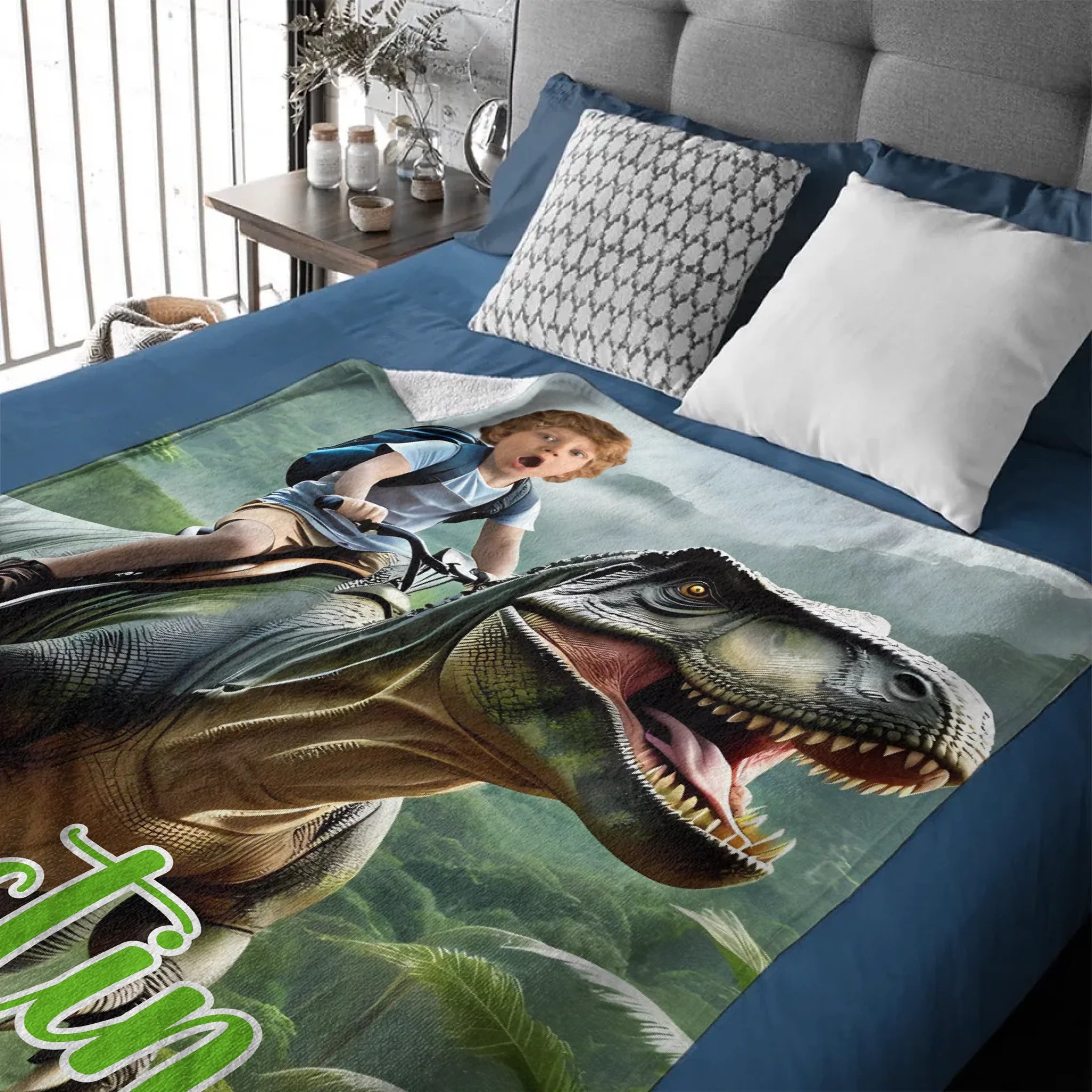 Custom Name Photo Blanket Personalized Paw Boy Riding Dinosaur Blanket