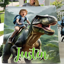 Custom Name Photo Blanket Personalized Paw Boy Riding Dinosaur Blanket