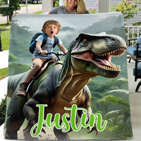 Custom Name Photo Blanket Personalized Paw Boy Riding Dinosaur Blanket