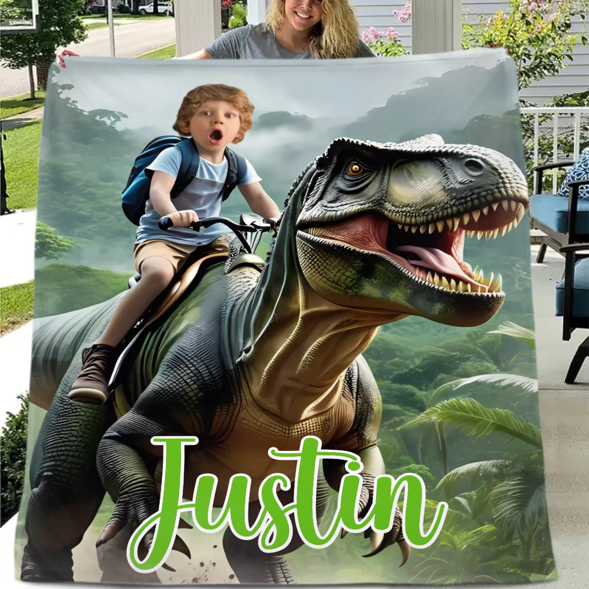 Custom Name Photo Blanket Personalized Paw Boy Riding Dinosaur Blanket
