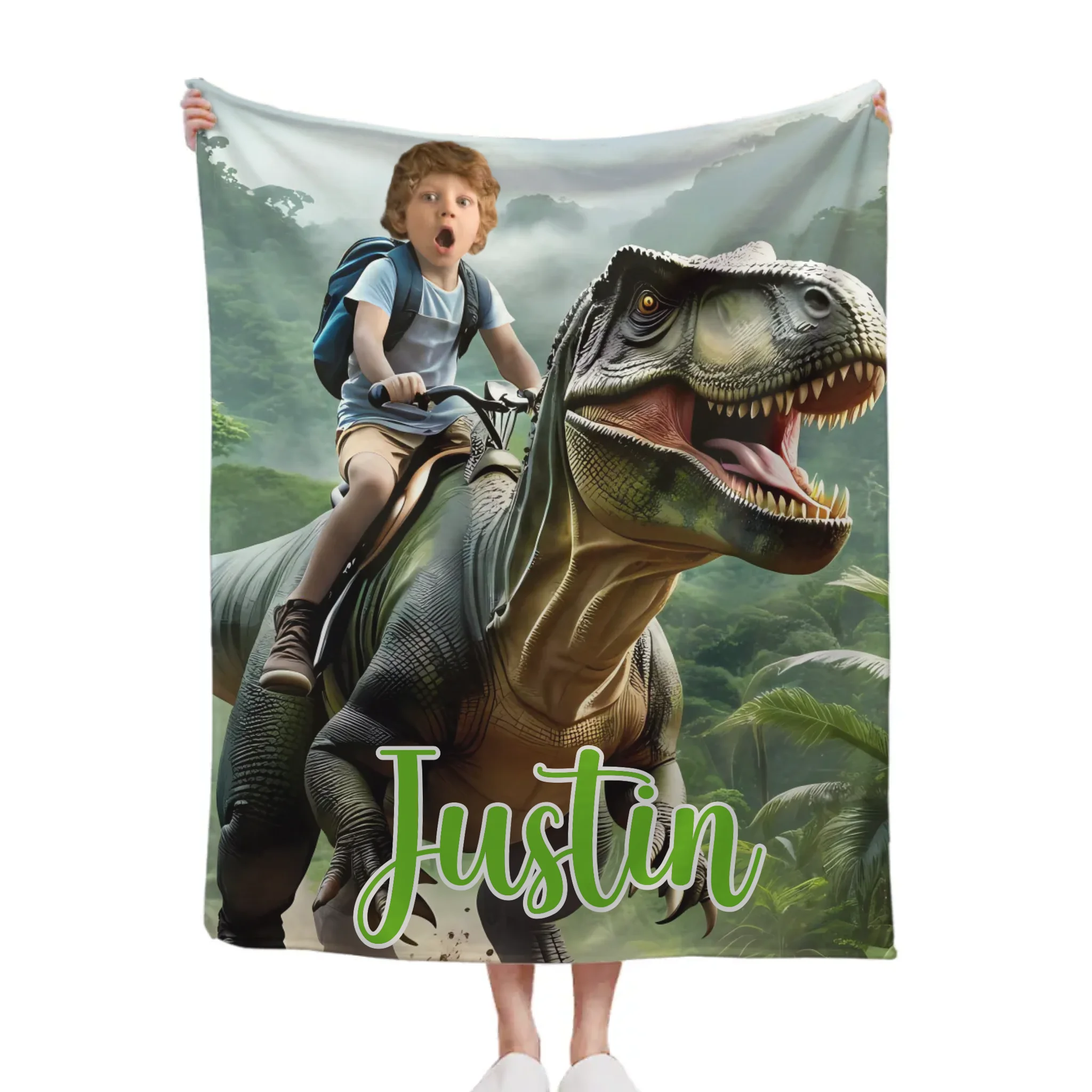Custom Name Photo Blanket Personalized Paw Boy Riding Dinosaur Blanket
