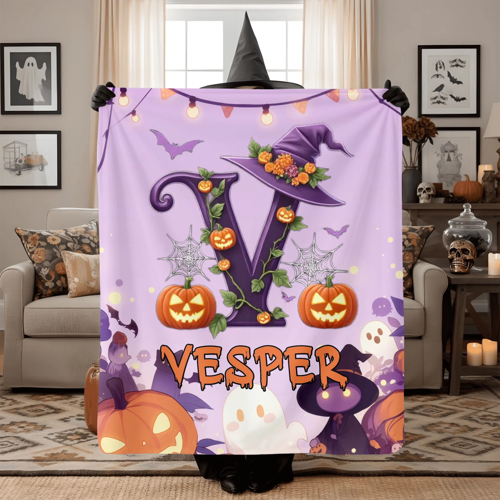 Custom Halloween Letter Blanket - Personalized Pumpkin Initial Throw - Gift for Kids & Families