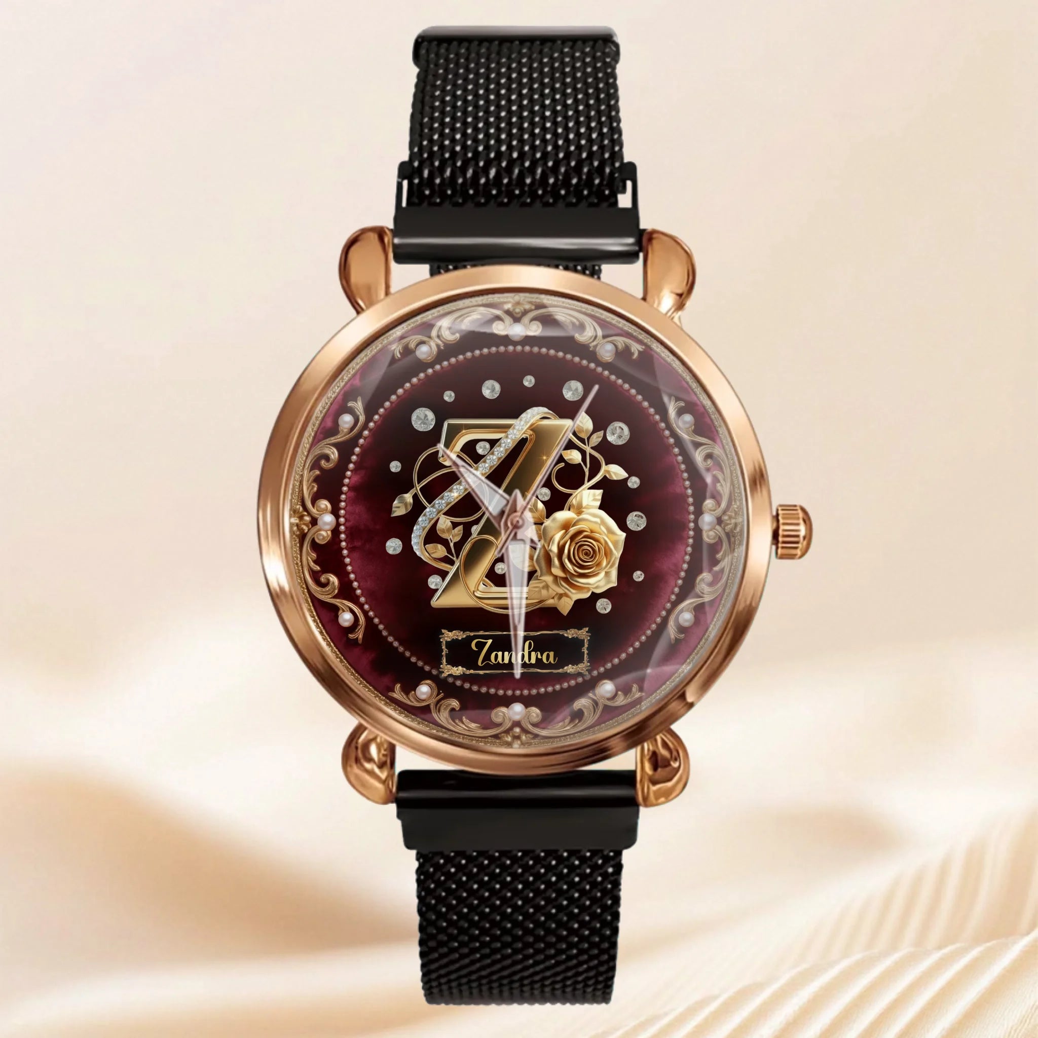 Pearl & Rose Monogram Customized Watch - Personalized Initial And Name - Elegant gift
