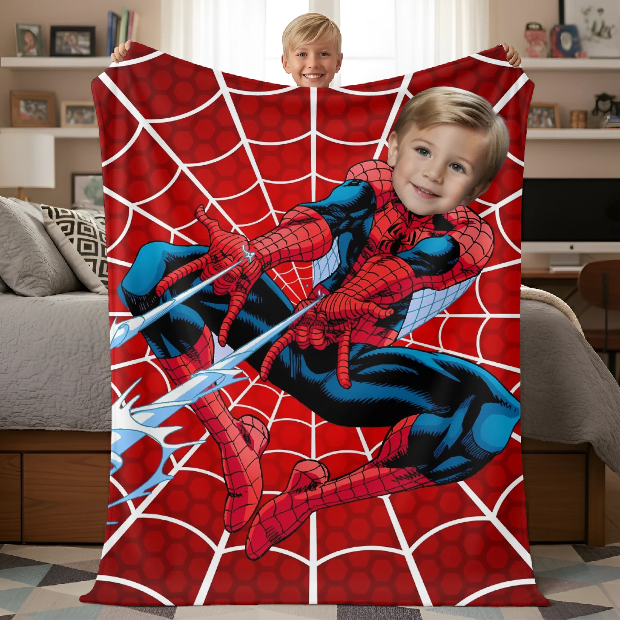 Customized Superhero Blanket - Personalized Name and Photo Spider-Man Themed Flannel Blanket - A Gift For Children,Grandchildren,Students