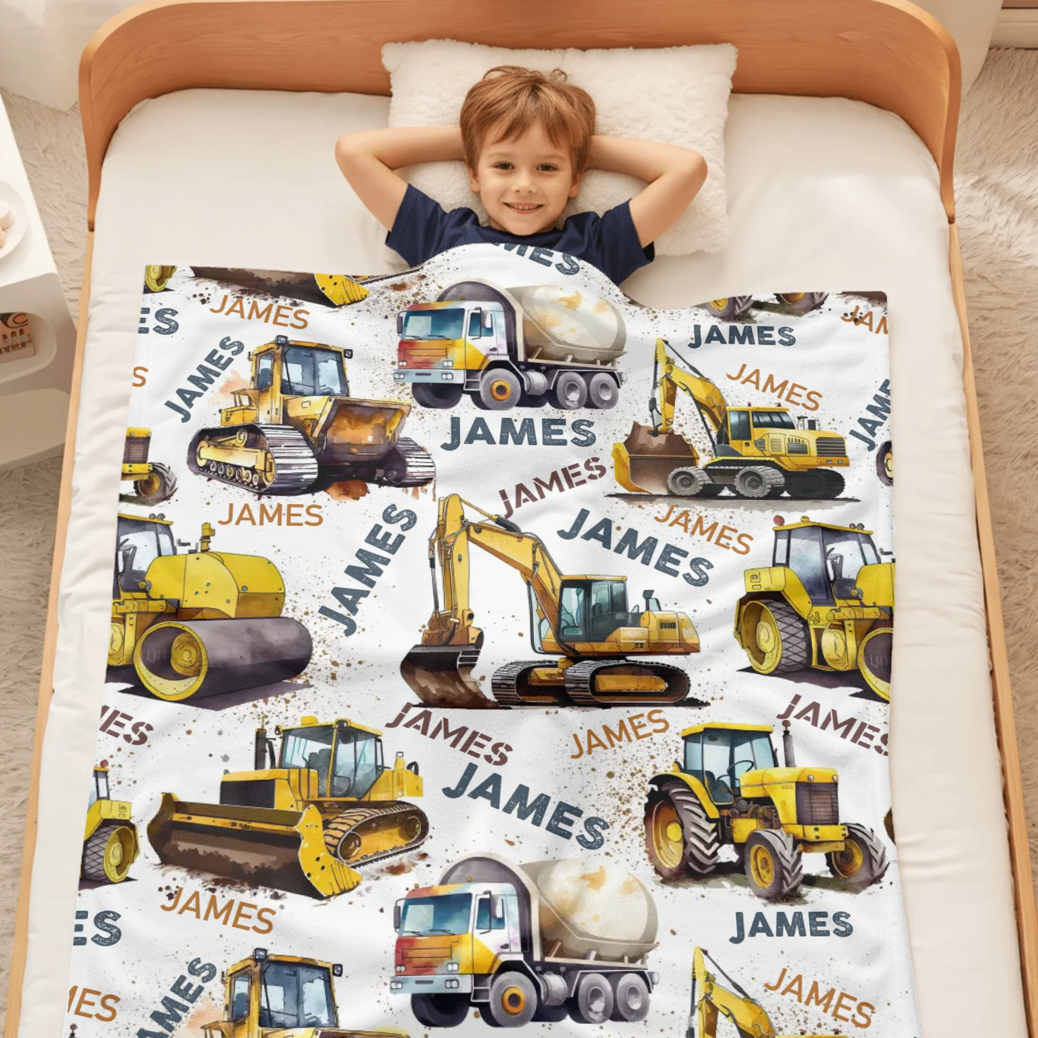 Personalized Construction Truck Blanket, Custom Kids Blanket With Name