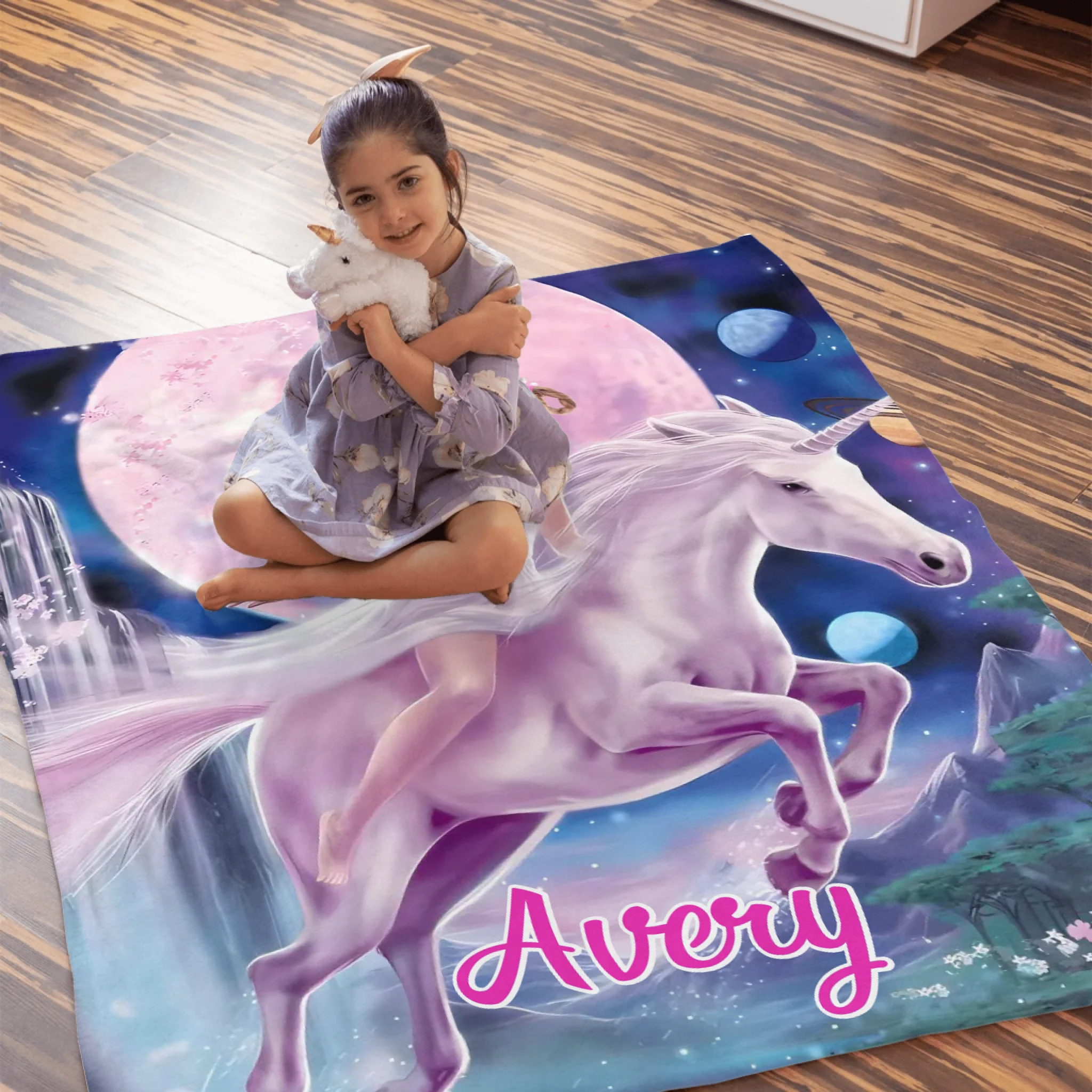 Personalized Pink Dress Princess Ride Unicorn Blanket