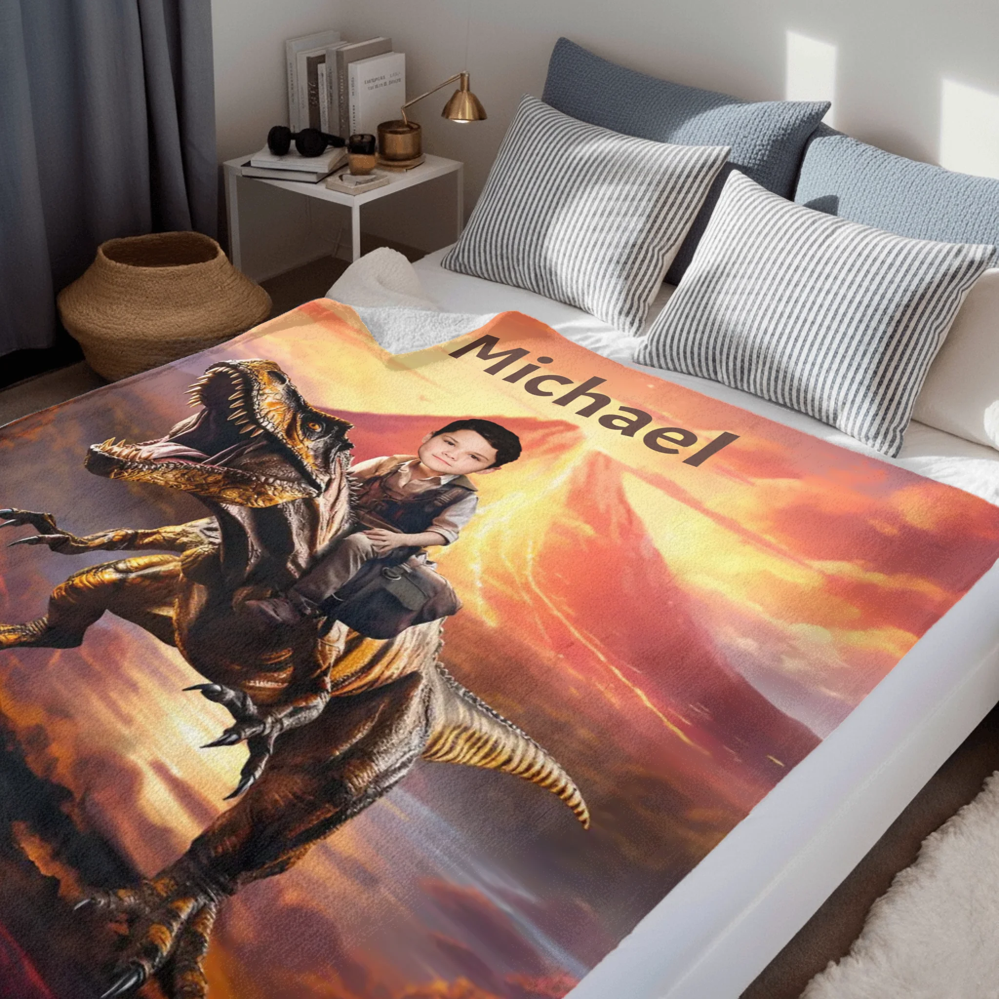 Personalized Custom Dinosaur Blanket For Kids, Child Riding T-Rex Dinosaur, Dinosaur Photo Gifts For Him Son Boyfriend