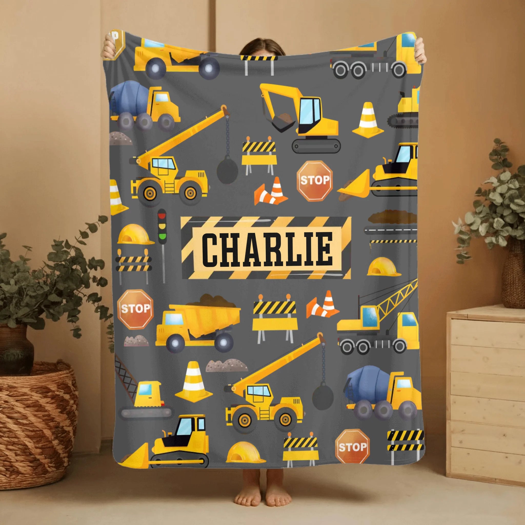 Personalized Builder Plush Baby Blanket Gift for Boys, Custom Truck Name Blanket