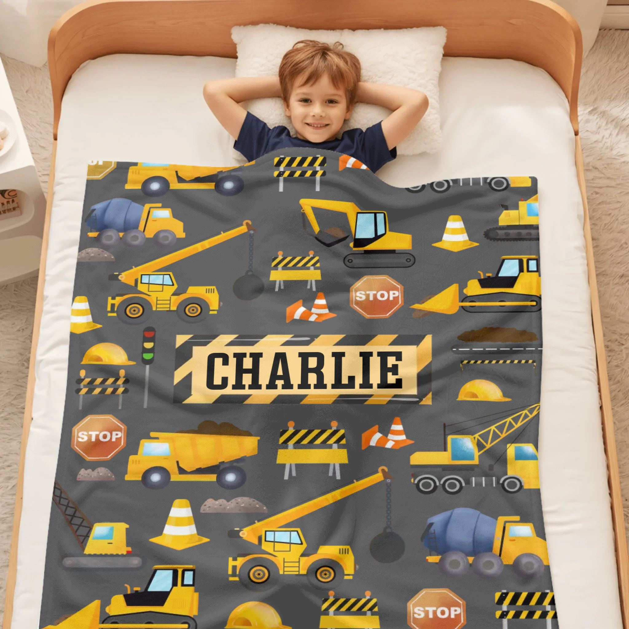 Personalized Builder Plush Baby Blanket Gift for Boys, Custom Truck Name Blanket