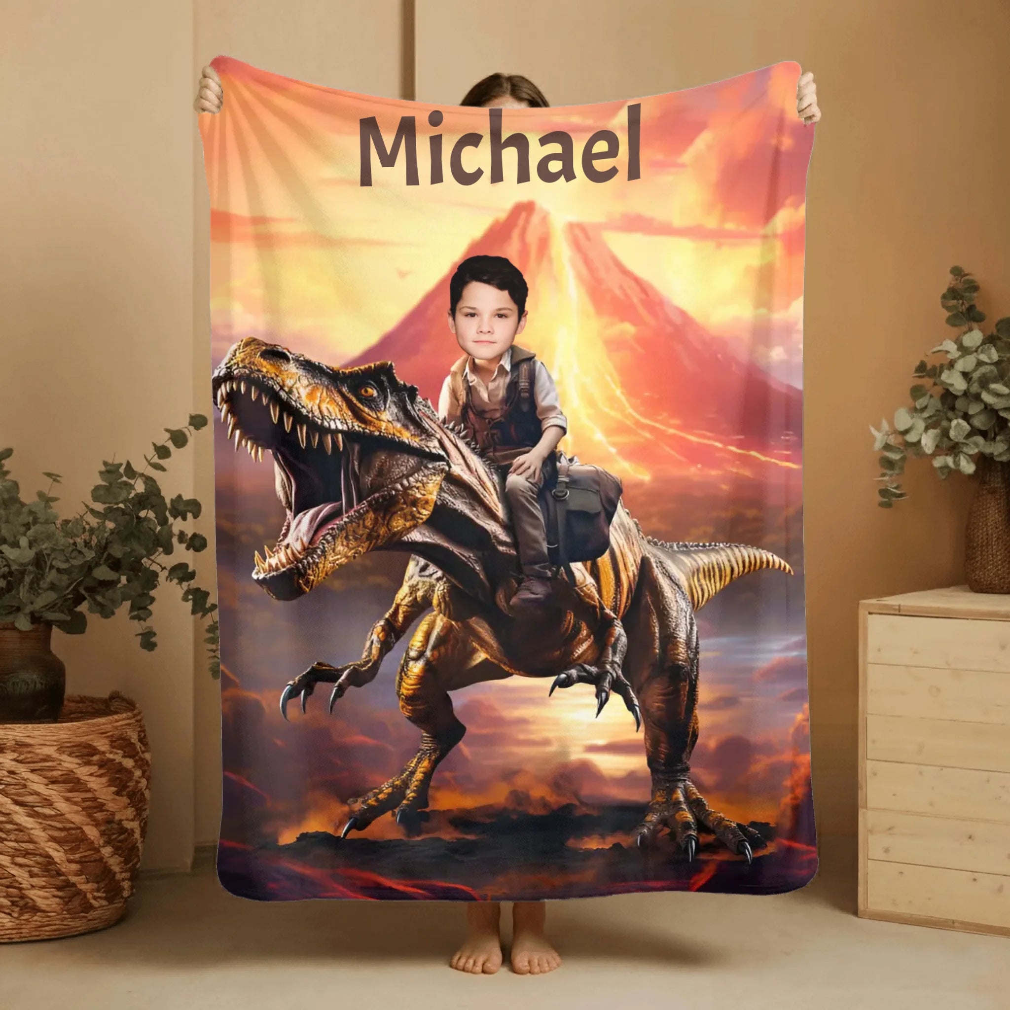Personalized Custom Dinosaur Blanket For Kids, Child Riding T-Rex Dinosaur, Dinosaur Photo Gifts For Him Son Boyfriend