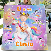 Cartoon Unicorn Customized Blanket - Personalized Name and Photo Soft Flannel Blanket - A Gift For Daughters, Girls