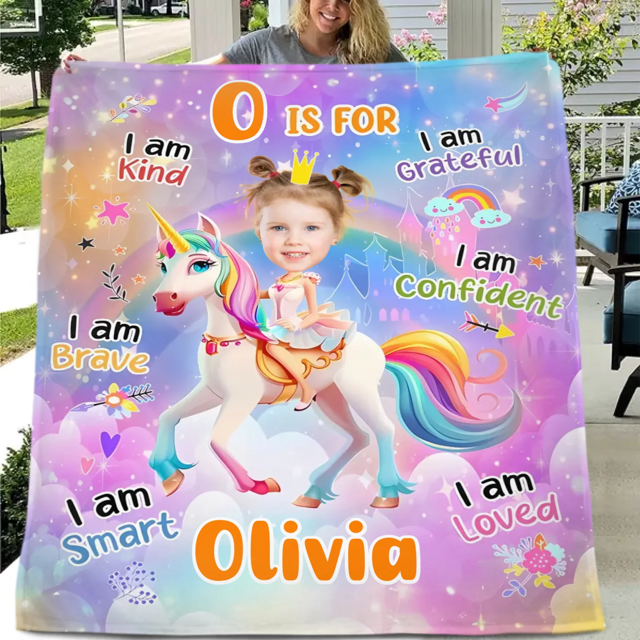 Cartoon Unicorn Customized Blanket - Personalized Name and Photo Soft Flannel Blanket - A Gift For Daughters, Girls