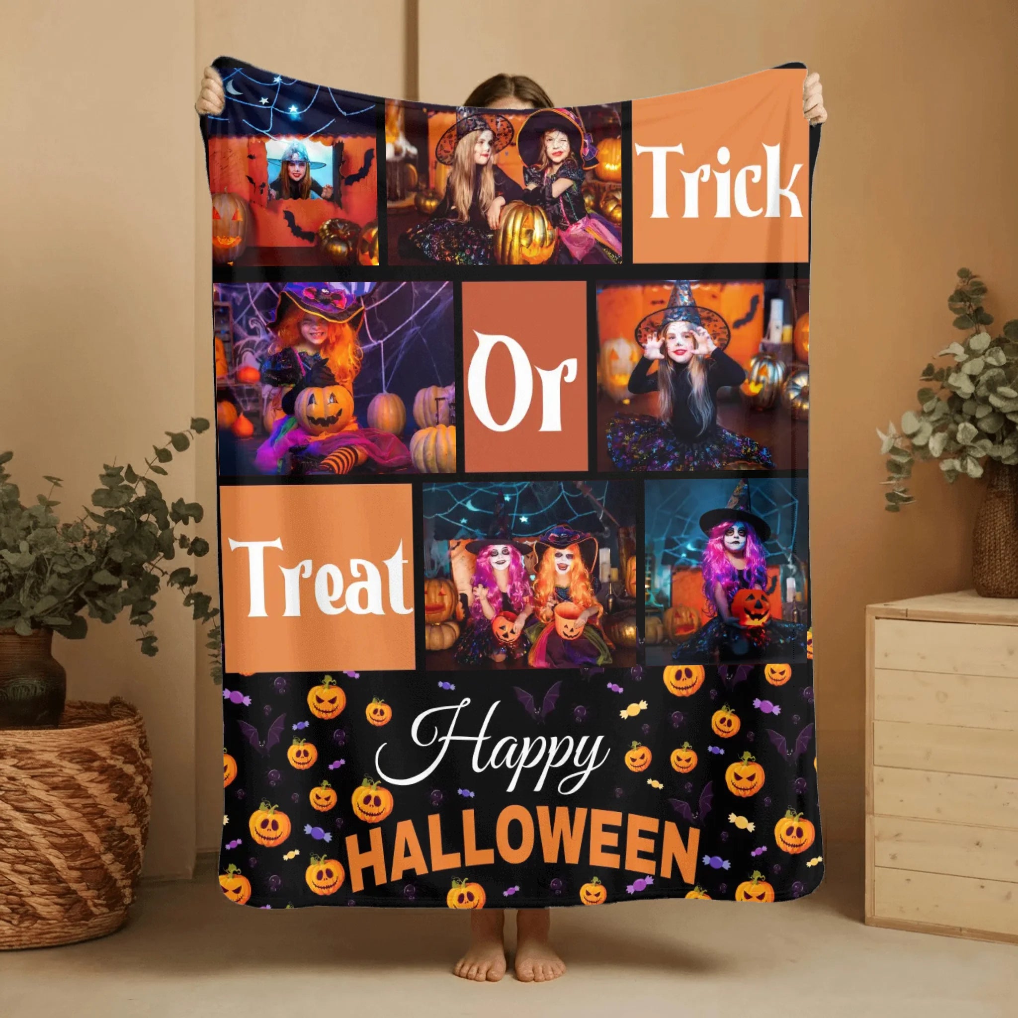 Trick Or Treat - Personalised Photo Collage Halloween Blanket - Gifts for Children,Friend,Family