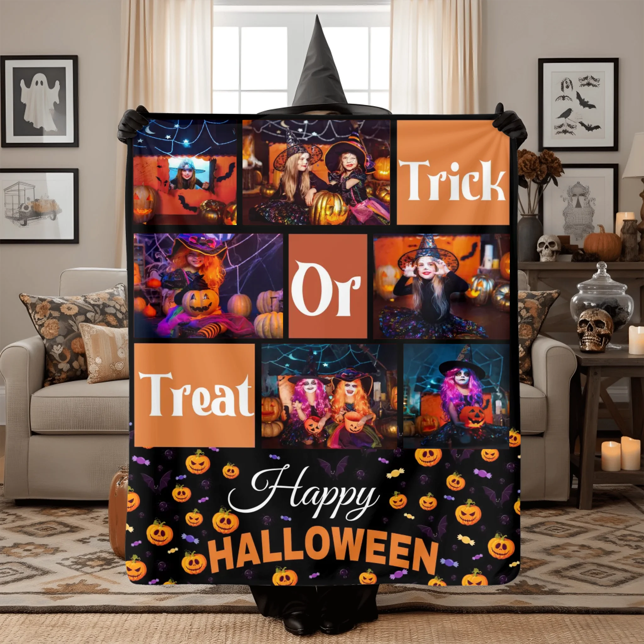 Trick Or Treat - Personalised Photo Collage Halloween Blanket - Gifts for Children,Friend,Family