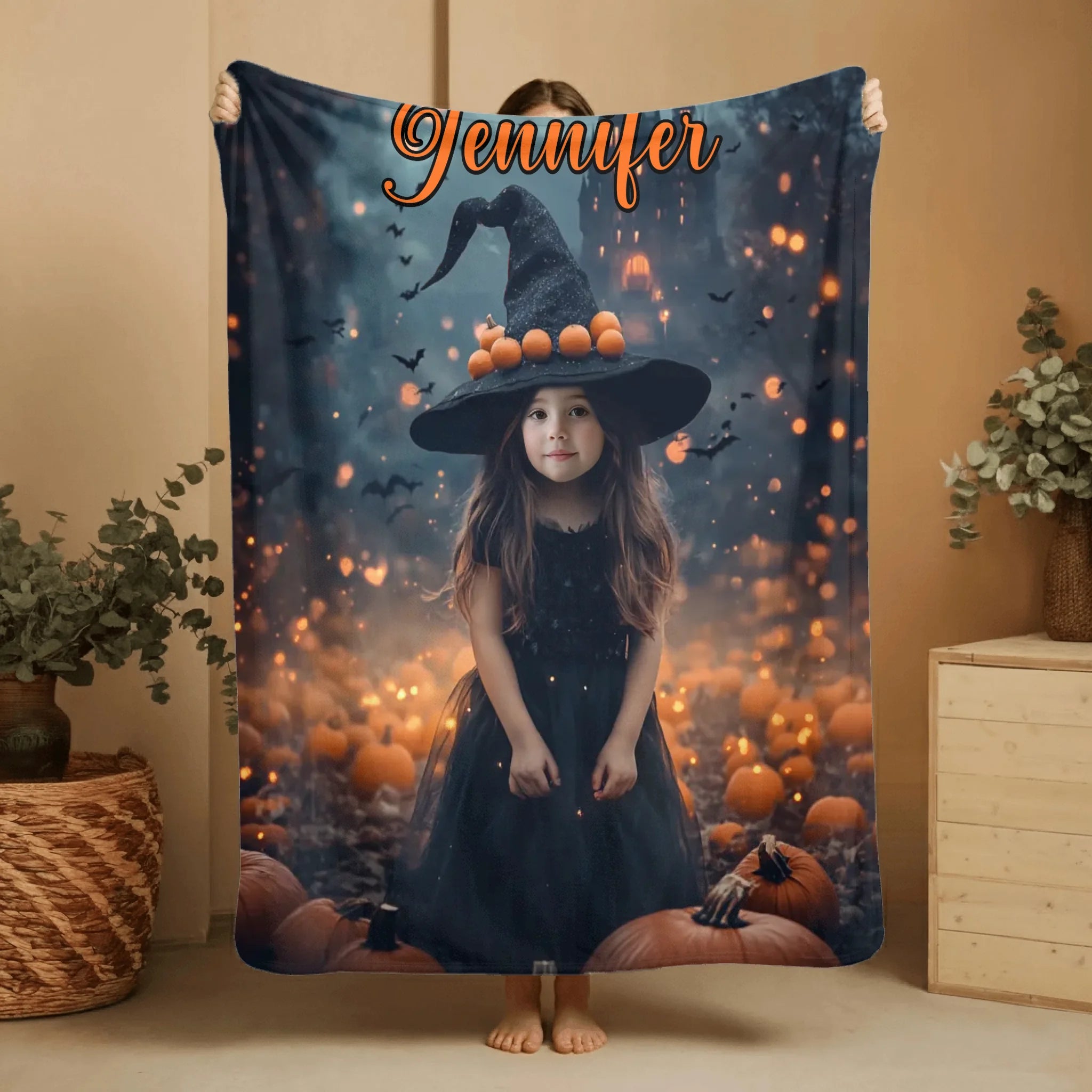 Pumpkin Castle - Personalised Witch Photo Halloween Blanket - Gifts for Children