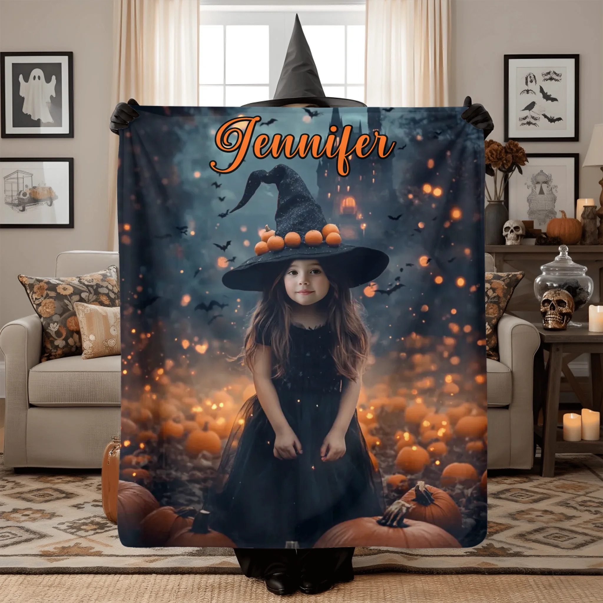 Pumpkin Castle - Personalised Witch Photo Halloween Blanket - Gifts for Children