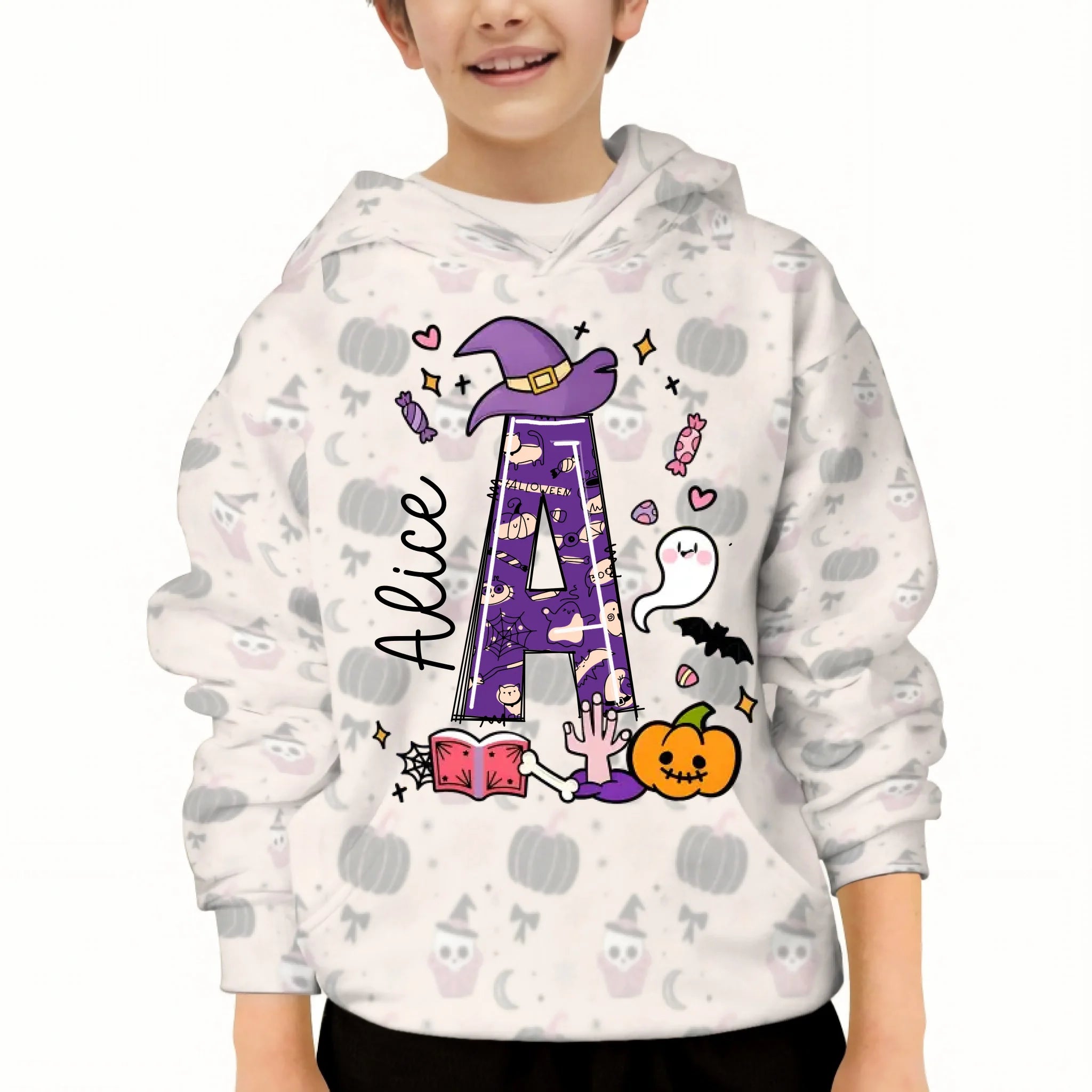 Custom Halloween Hoodie – Personalized Letter & Name Sweatshirt – Gift for Kids & Teens