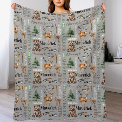 Hunting and Fishing Personalized Name Custom Forest Blanket - Gifts for Newborns