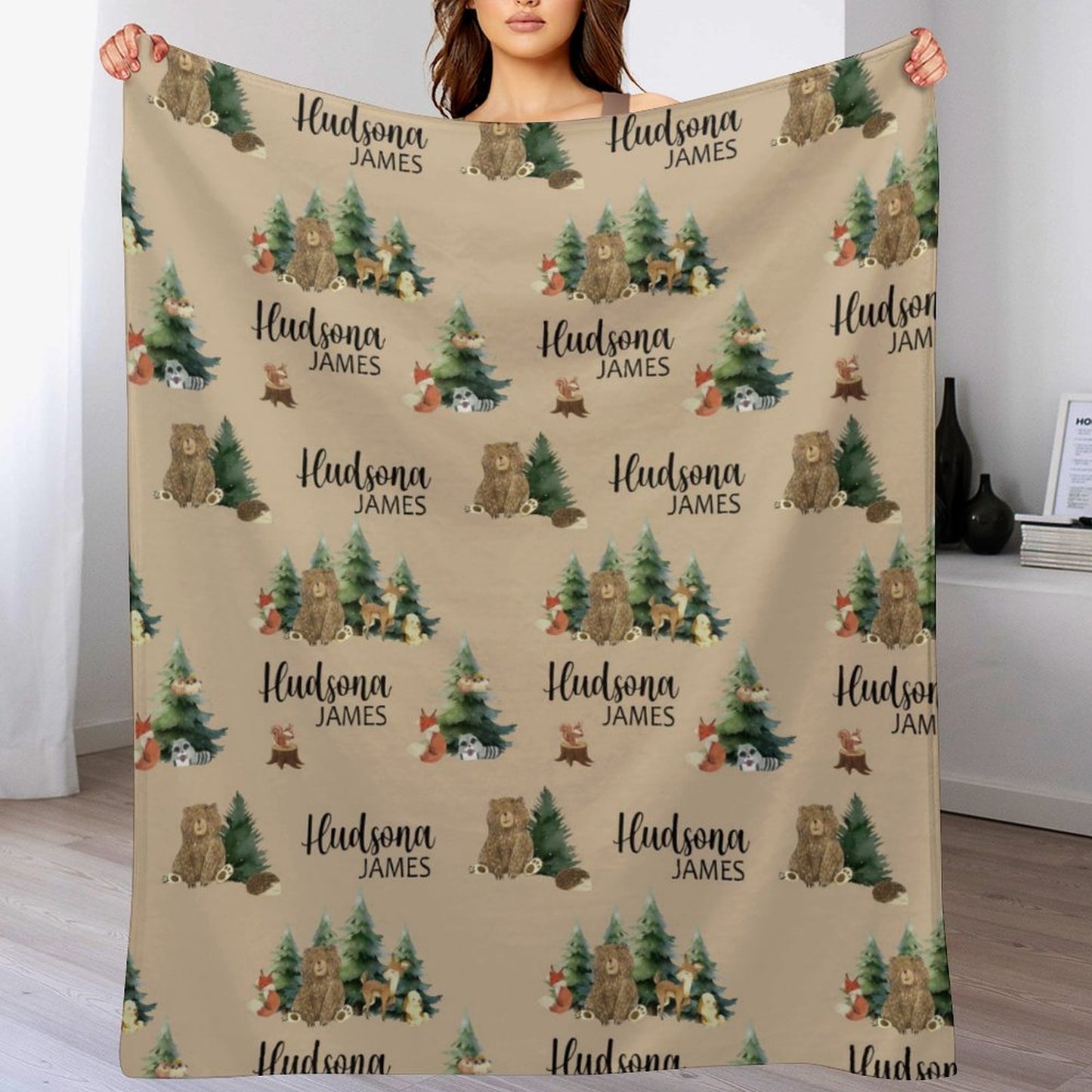 Free Shipping✈️Personalized Forest Animal Blanket - Custom Baby Name Woodland Blanket, Wildlife Name Blanket