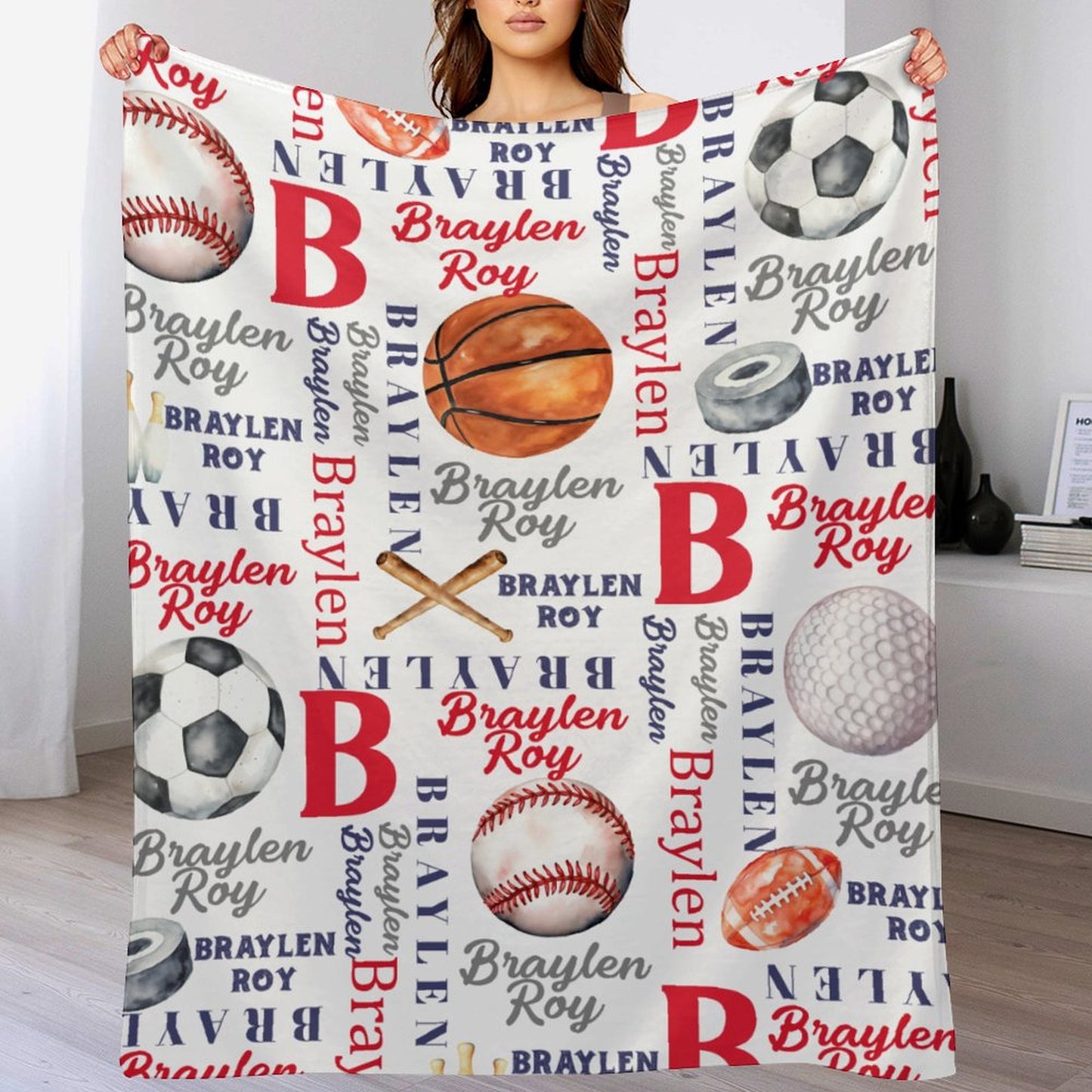 Free shipping✈️Personalized Custom Baby Name Blanket - Sports Themed Blanket