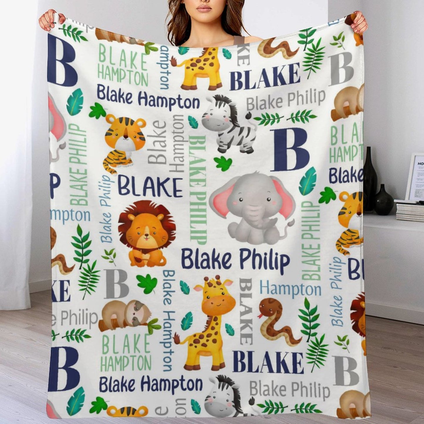 Free Shipping✈️Personalized Blanket - Custom Name Jungle Animal Blanket - Sherpa Throw Blanket - Animal Blanket