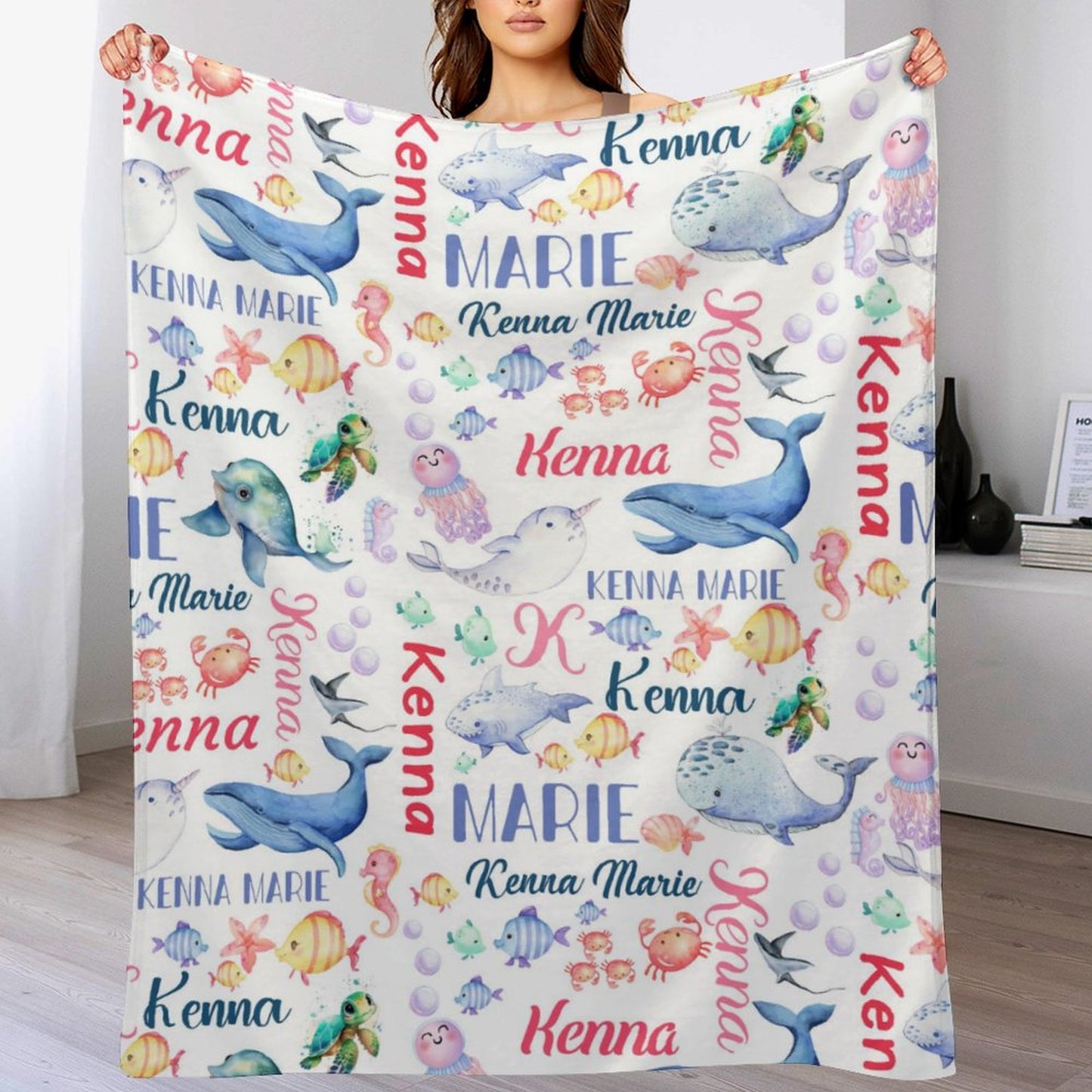 Couverture pour bébé avec nom personnalisé, baleine, animaux marins, livraison gratuite✈️