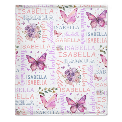 Free shipping✈️Personalised Purple Butterfly Floral Baby Blanket - Customised Gift for Baby Shower