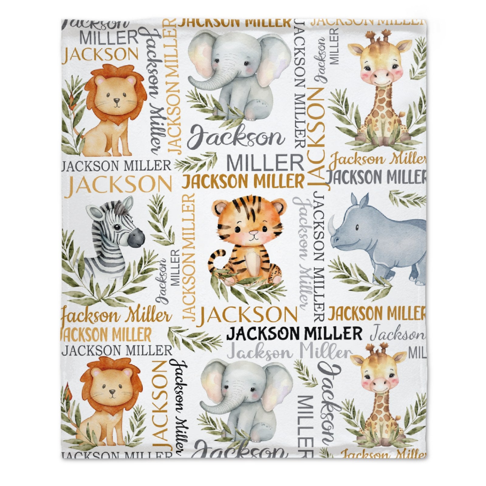 Watercolor Safari Animal Personalized Name Baby Blanket