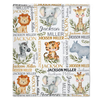 Watercolor Safari Animal Personalized Name Baby Blanket
