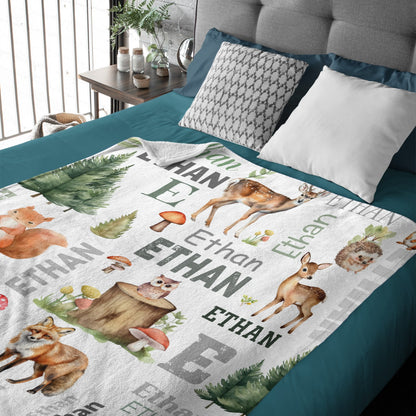 Free shipping✈️Personalized Woodland Animal Blanket Customized Baby Name Kids Custom Deer And Fox