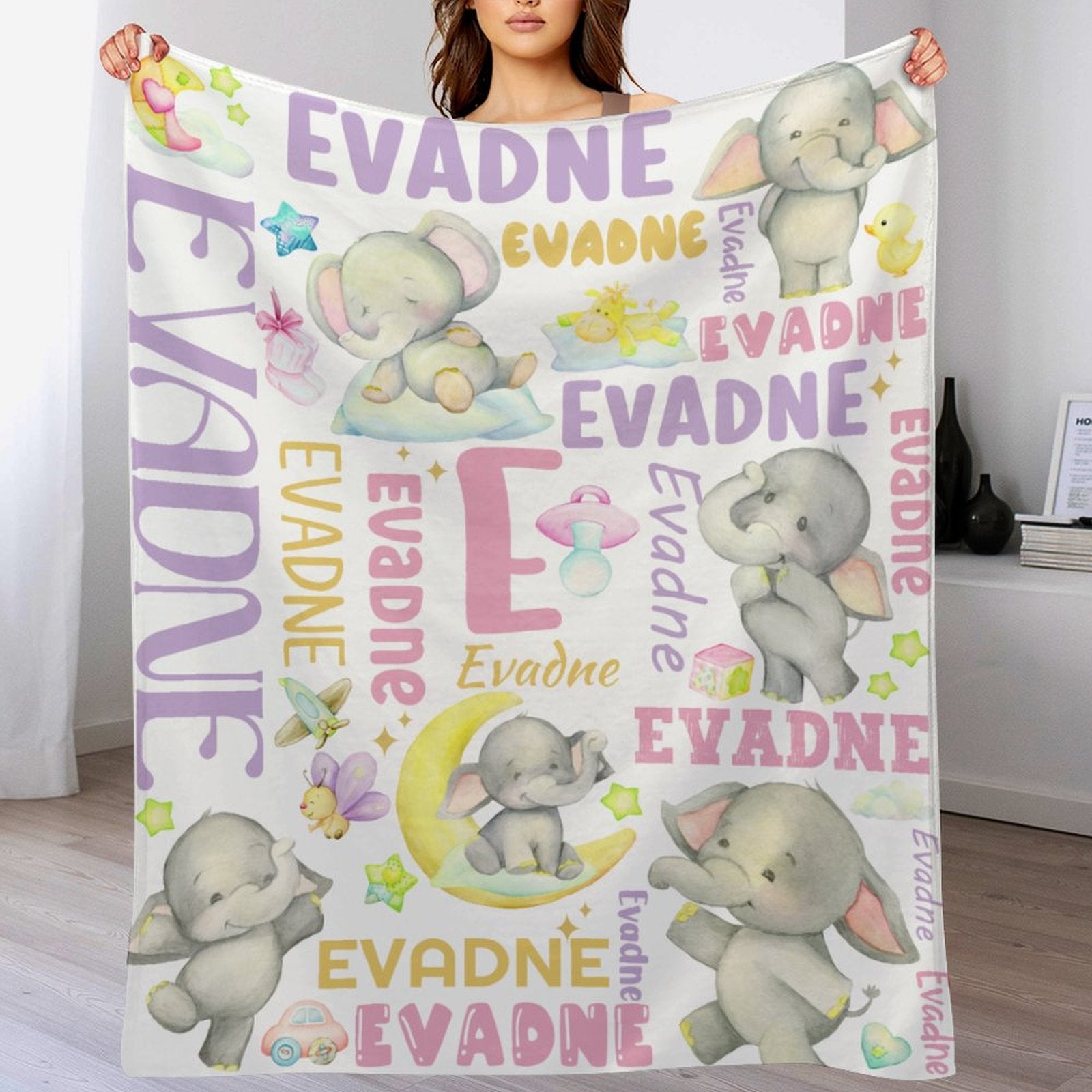 Cute Elephant Custom Name Blanket Gifts for Baby Kids Toddlers
