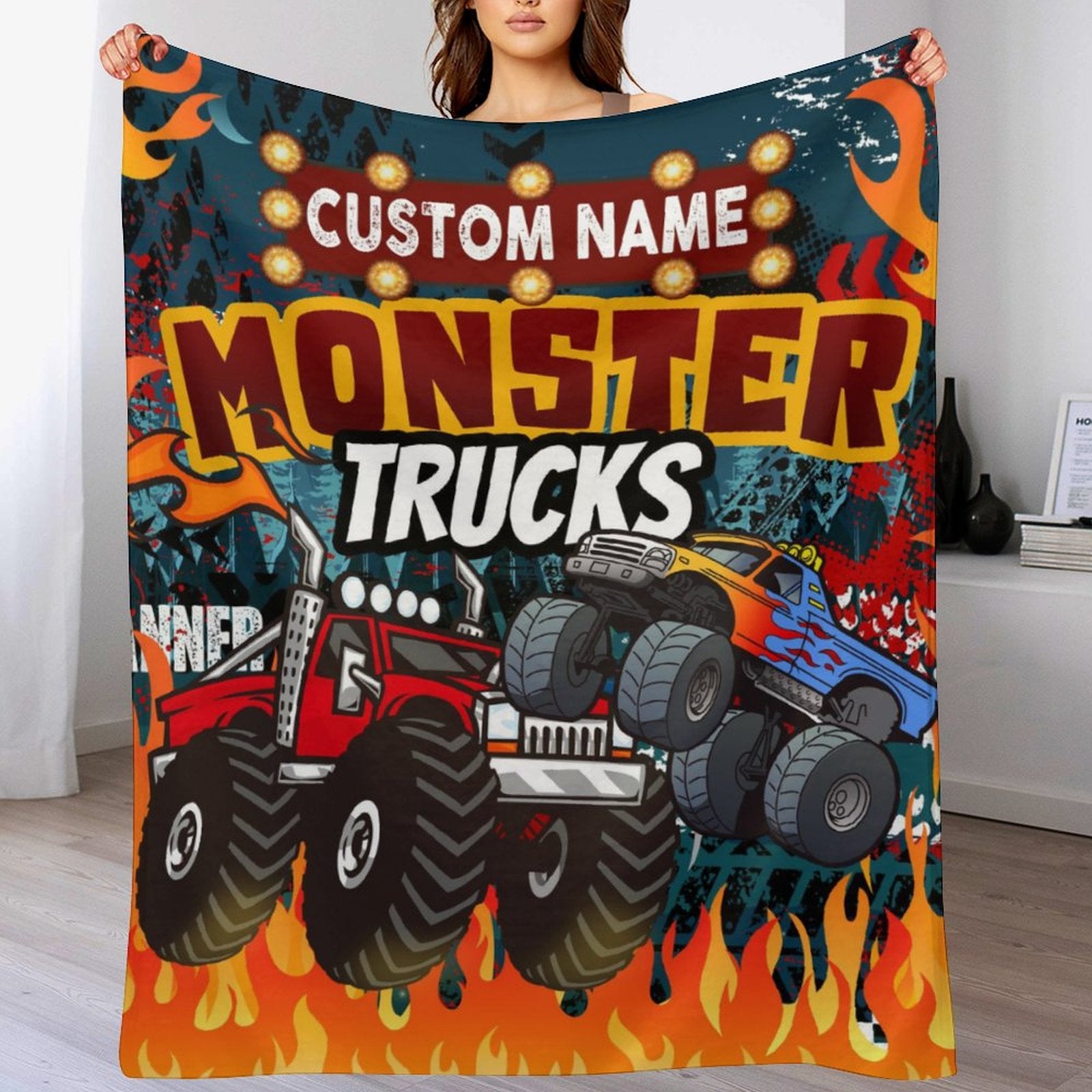 Couverture pour enfants avec nom personnalisé, camion de dessin animé monstre, livraison gratuite