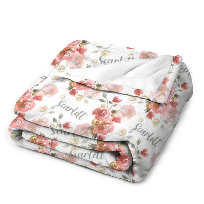 Livraison gratuite✈️Couverture personnalisée avec nom de bébé - Couverture en peluche Sherpa à fleurs douces