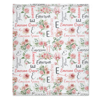 Pink Floral Baby Name Blanket, Baby Girl Personalized Blanket, Pink Rose Blanket, Newborn Girl Gift
