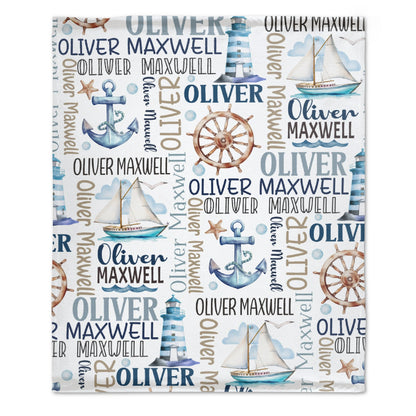 Free Shipping✈️Personalized Baby Blanket - Custom Name Baby Gift - Sailboat Anchor theme, Nautical Swaddle Blanket