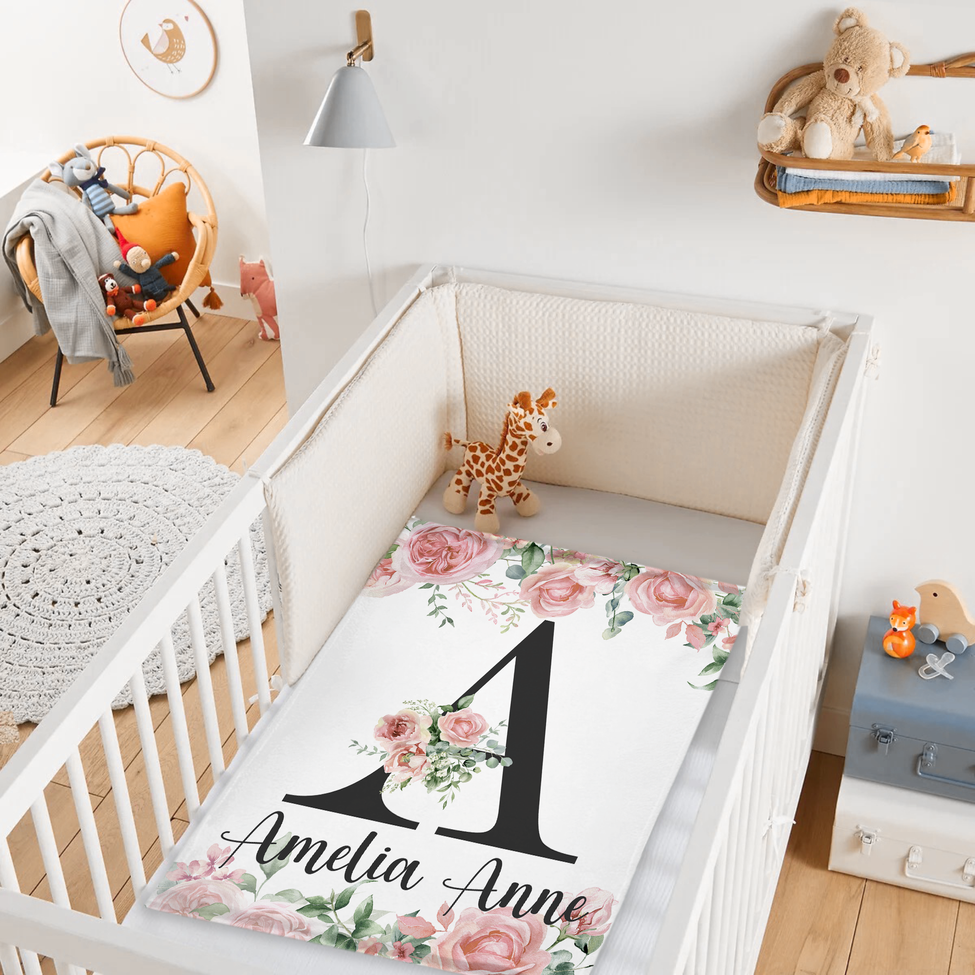 Pink Watercolor floral Monogram Baby Blanket